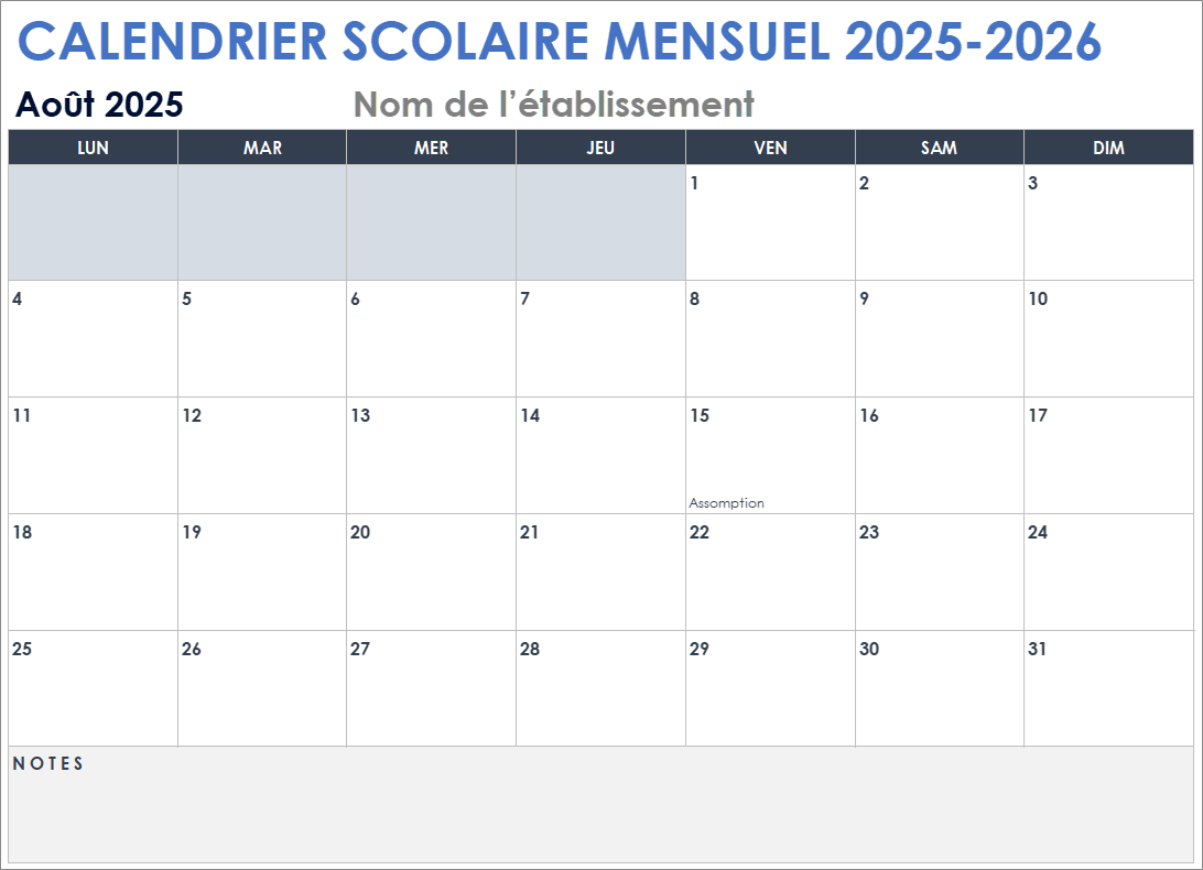 Modèle de calendrier scolaire mensuel 2025-2026