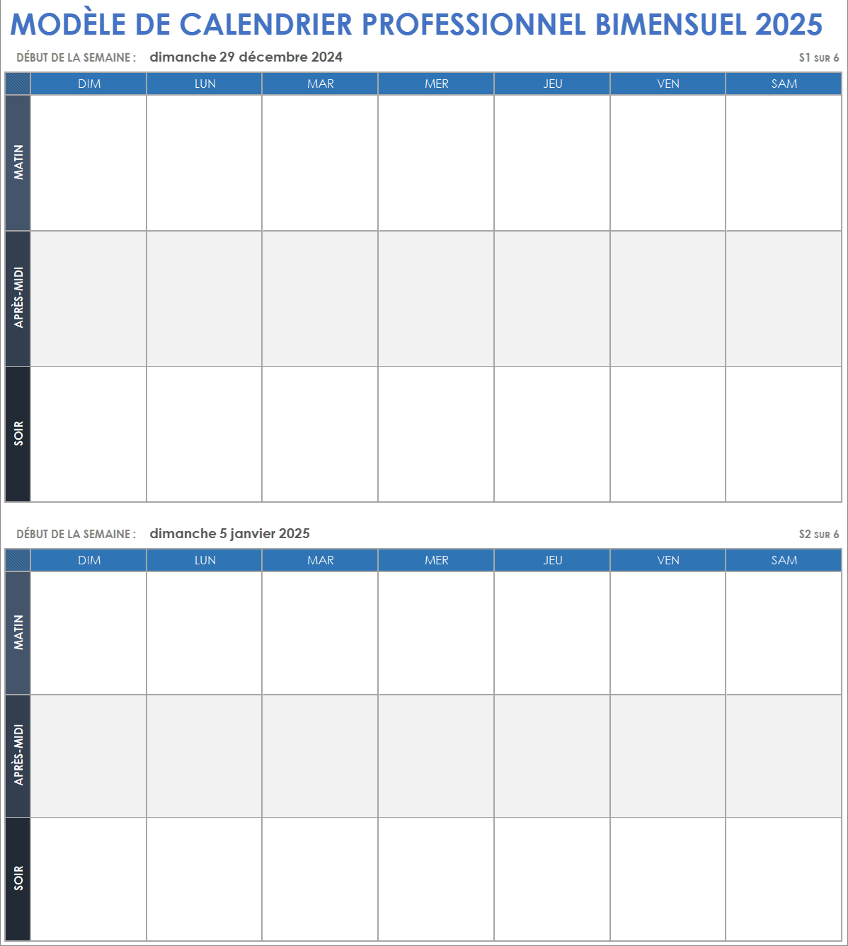 Modèle de calendrier professionnel bimensuel