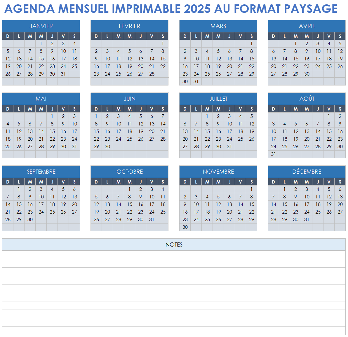 Calendrier mensuel 2025 imprimable au format paysage