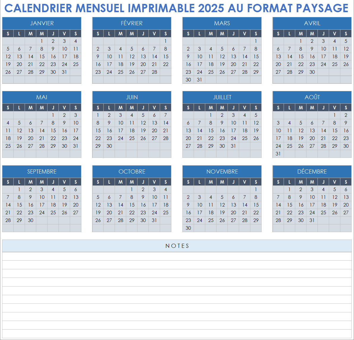 Calendrier mensuel 2025 imprimable au format paysage