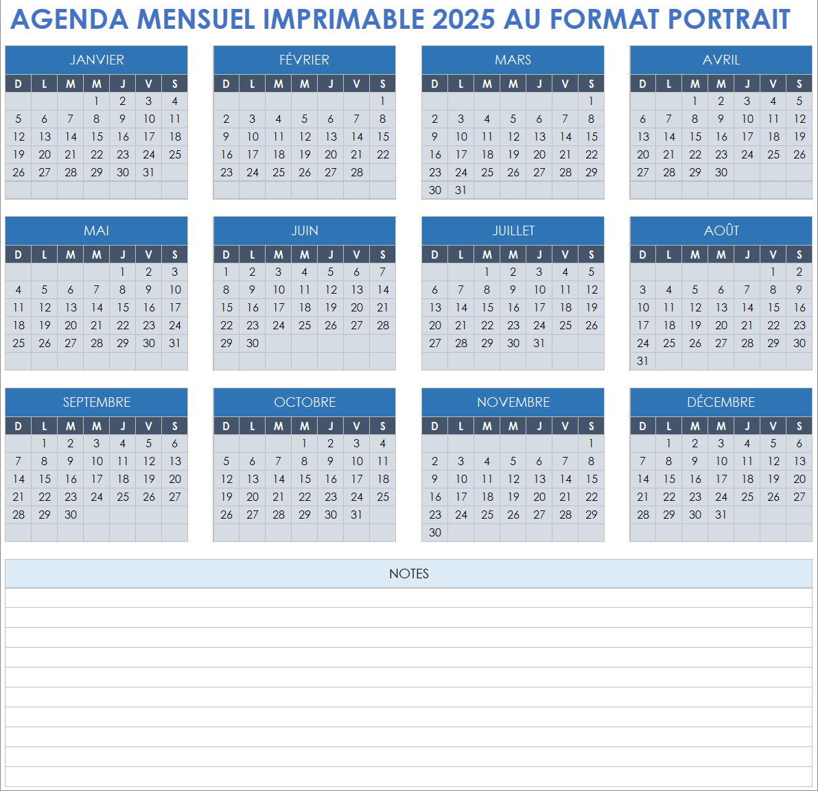 Calendrier mensuel imprimable 2025 au format portrait