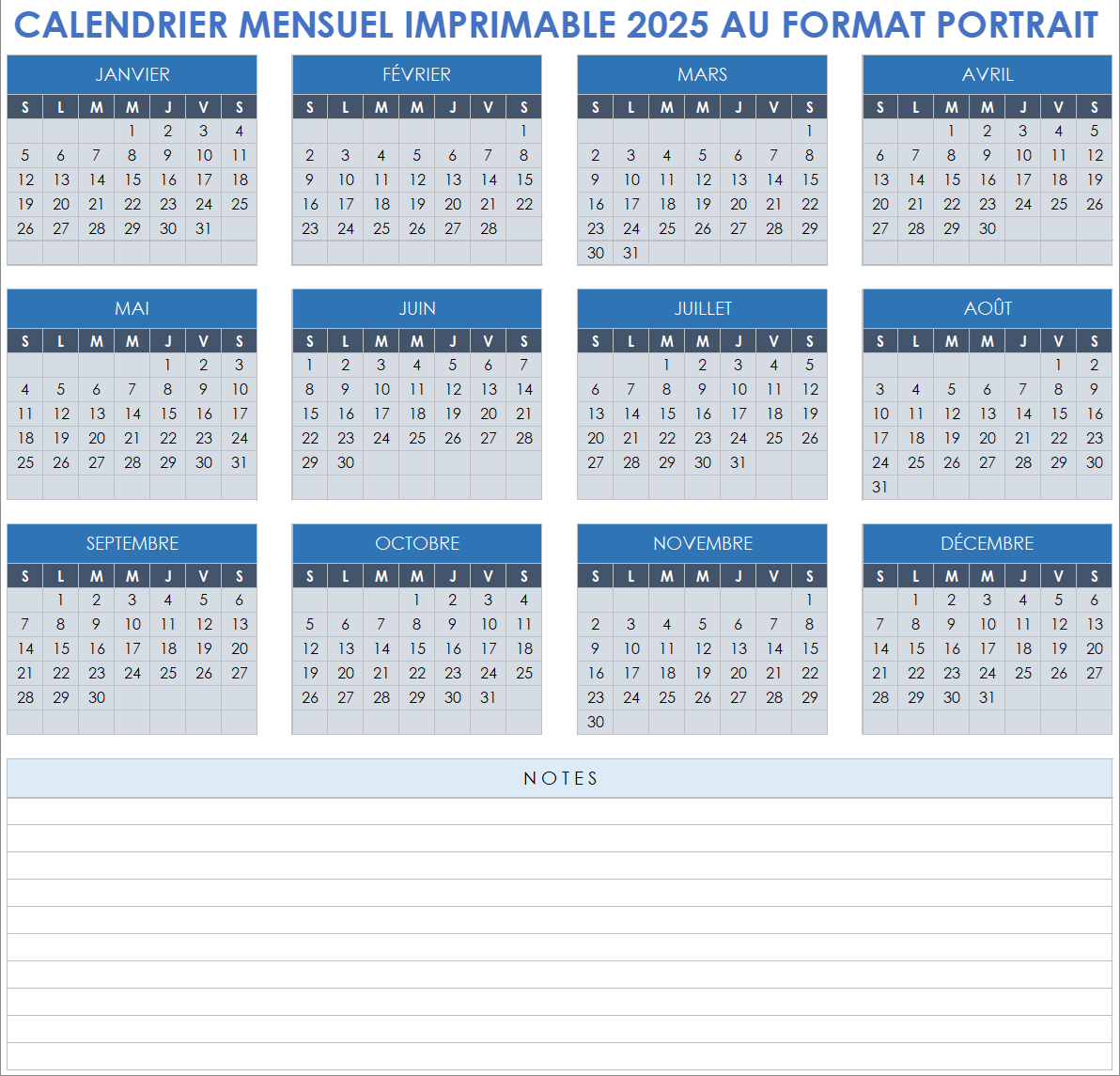 Calendrier mensuel imprimable 2025 au format portrait