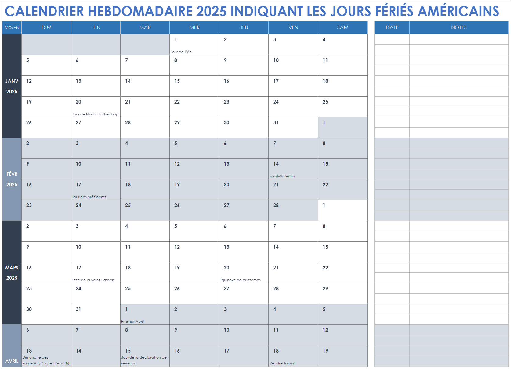 Calendrier hebdomadaire 2025 indiquant les jours fériés américains