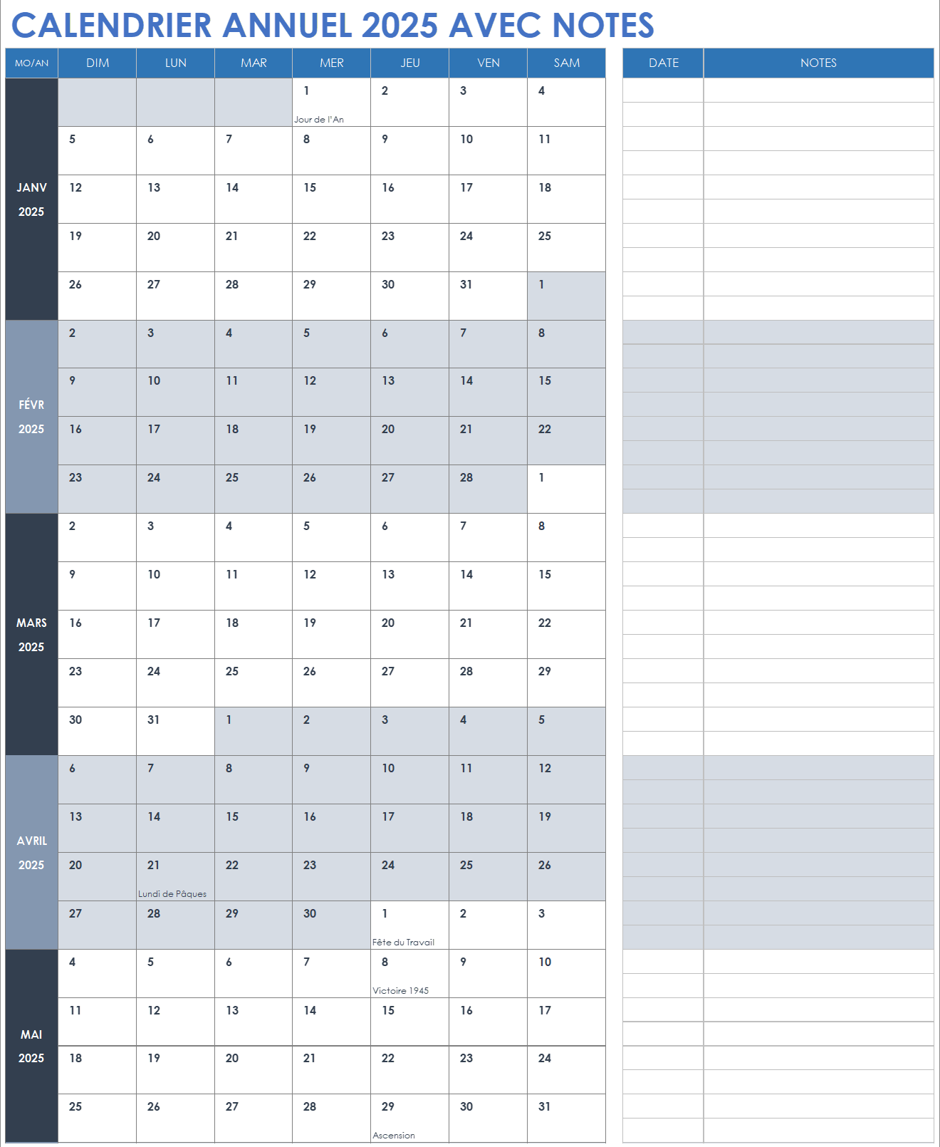 Calendrier annuel 2025 avec notes