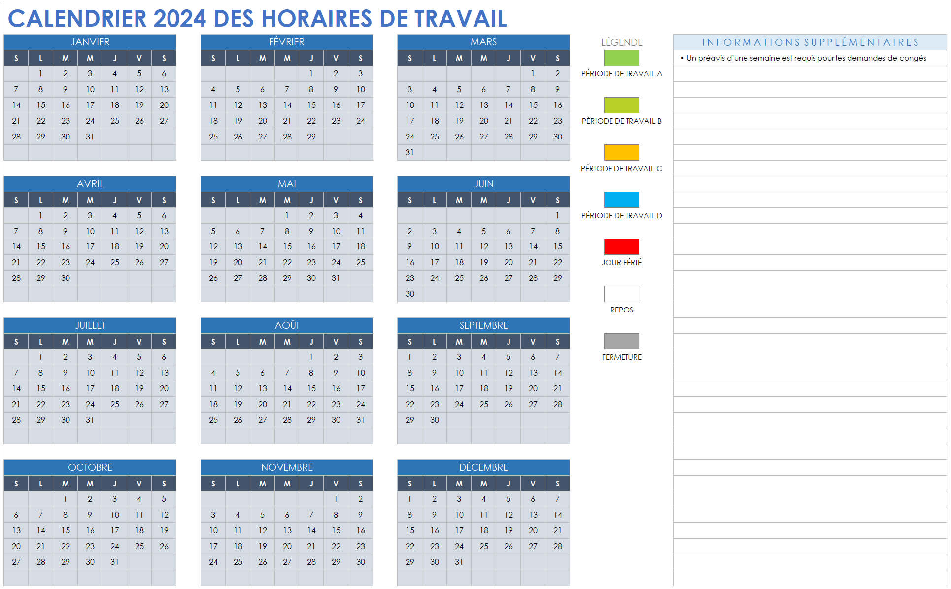 Calendrier mensuel de quarts de travail 2024