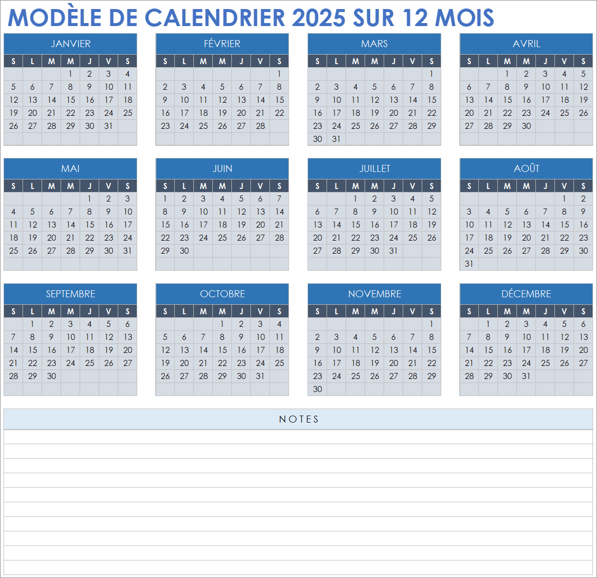 Modèle de calendrier 2025 sur 12 mois