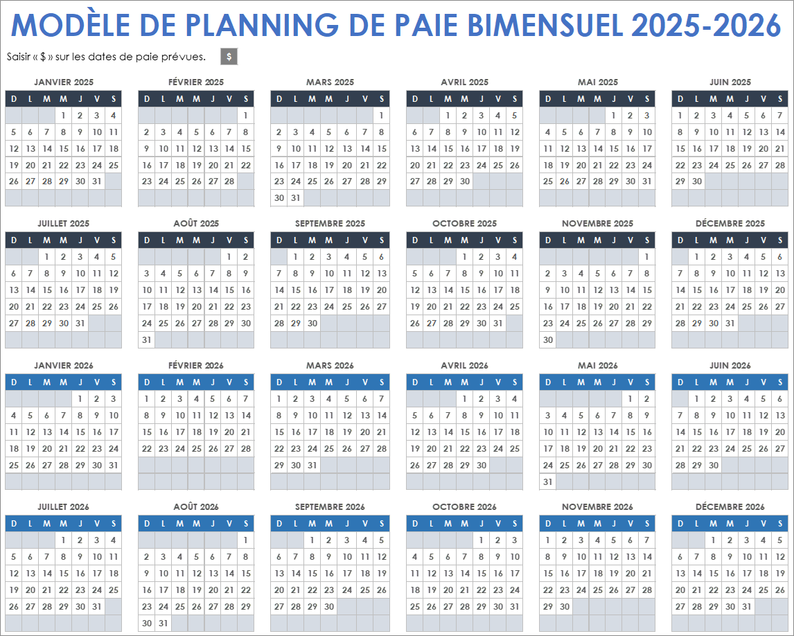 Modèle de planning de paie bimensuel 2025-2026