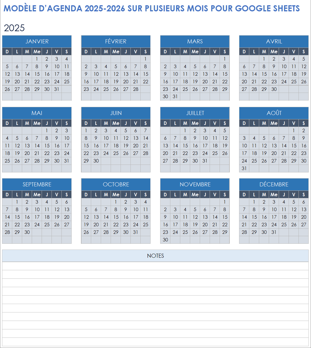 Modèle de calendrier mensuel 2025-2026