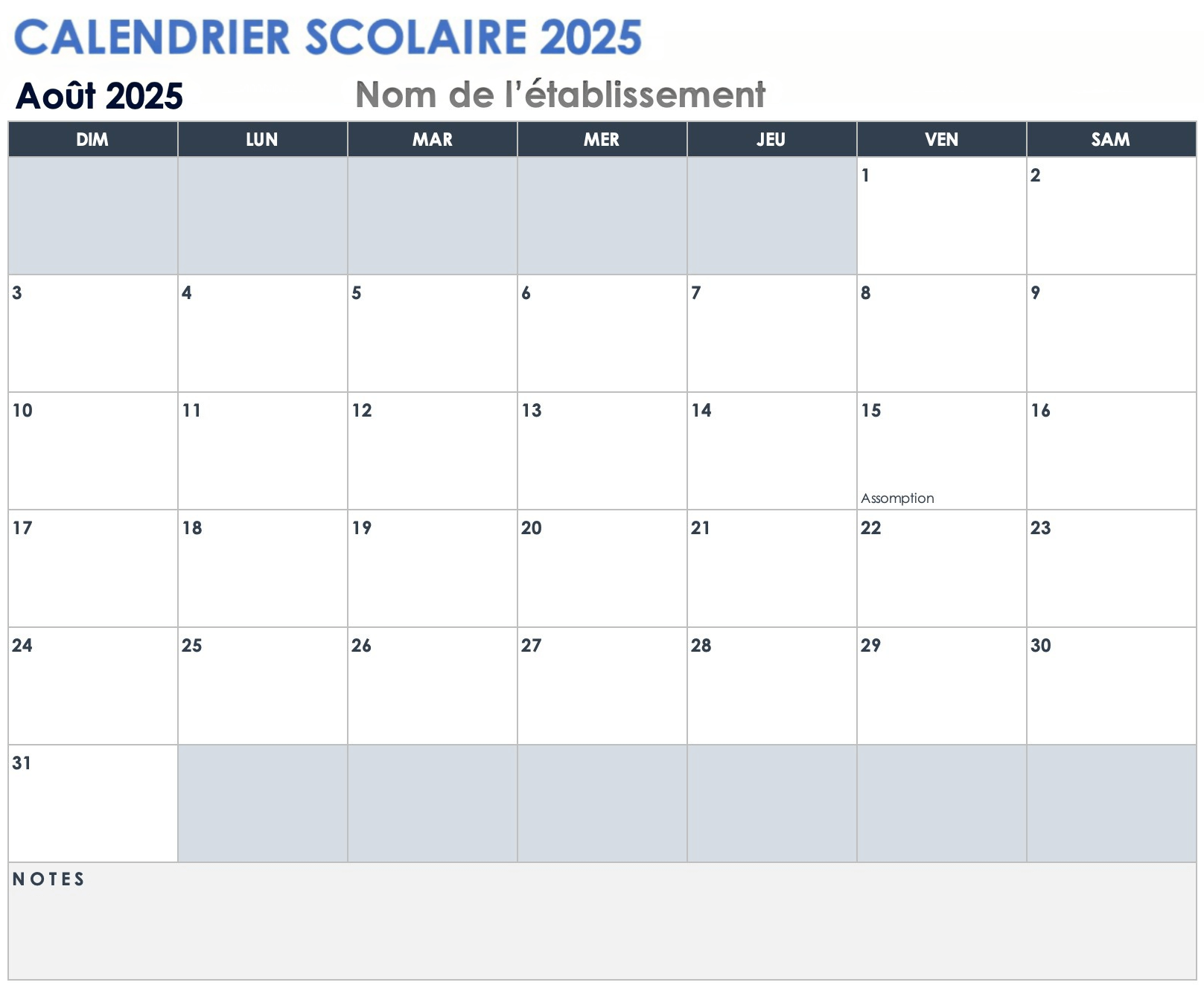 Modèle de calendrier scolaire 2025