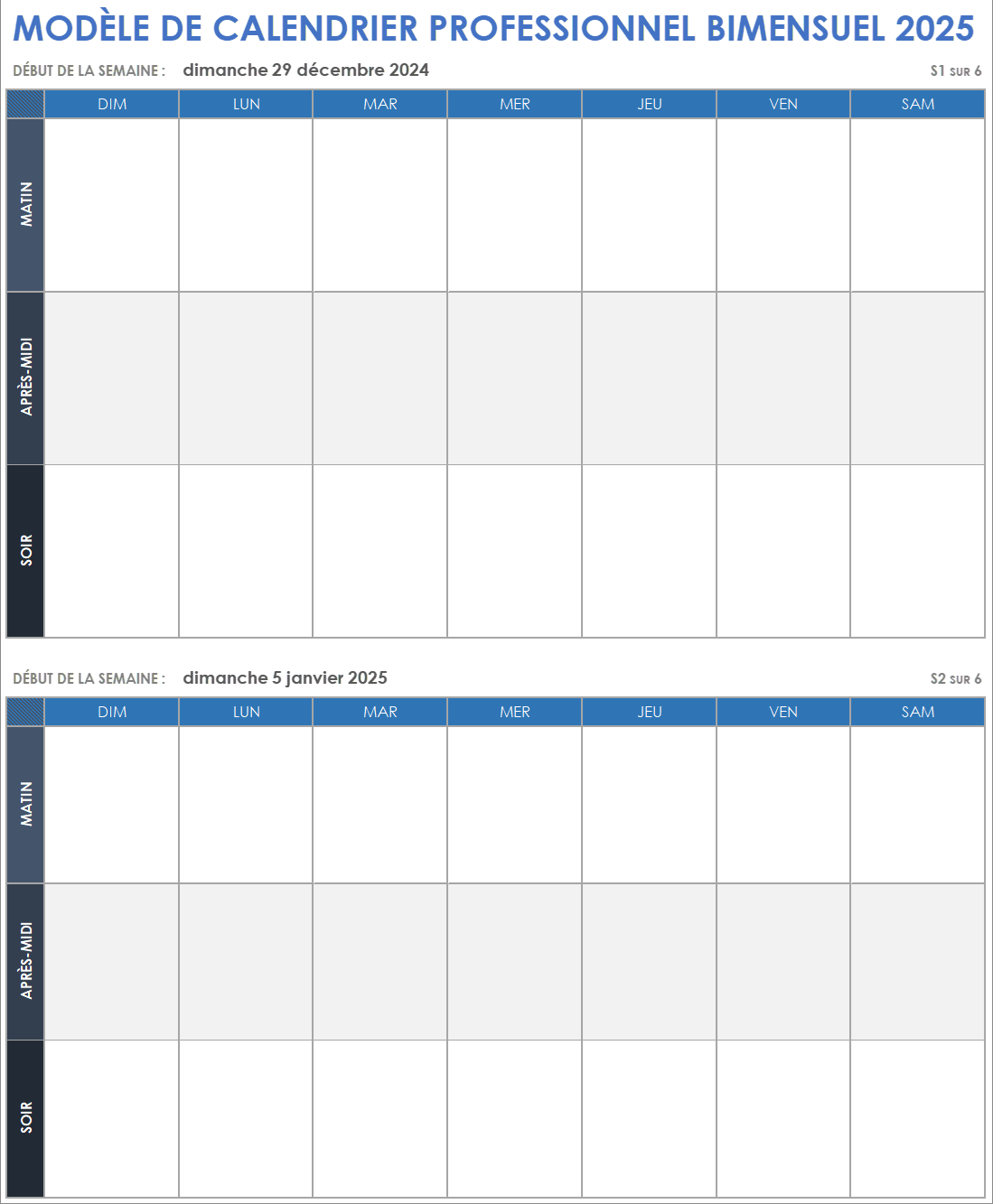 Modèle de calendrier professionnel bimensuel 2025