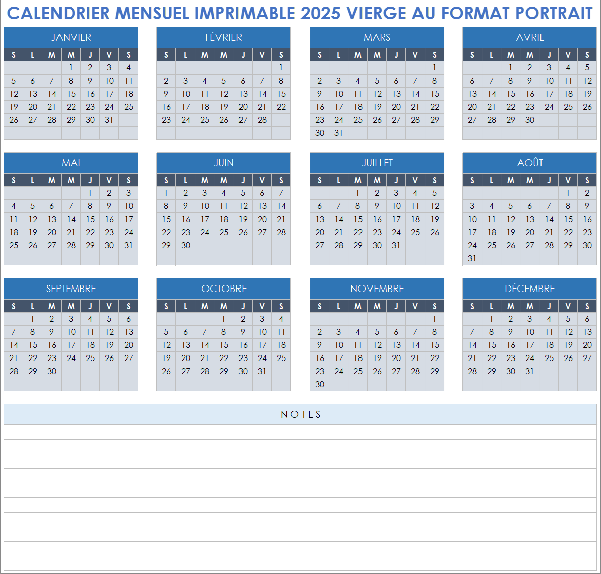 Calendrier mensuel vierge imprimable 2025 (format portrait)