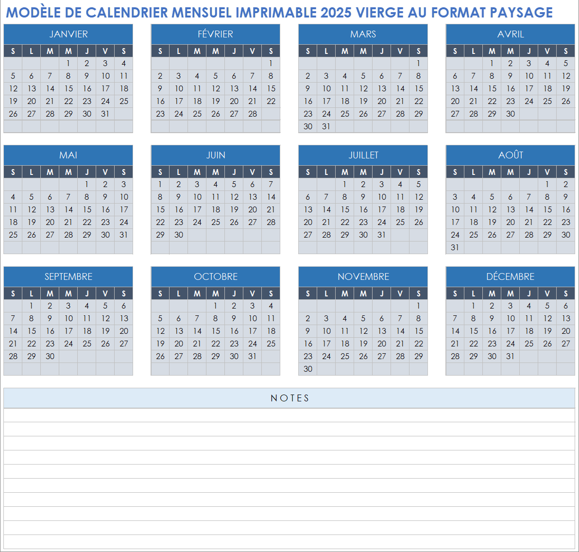 Modèle de calendrier mensuel vierge imprimable 2025 (format paysage)