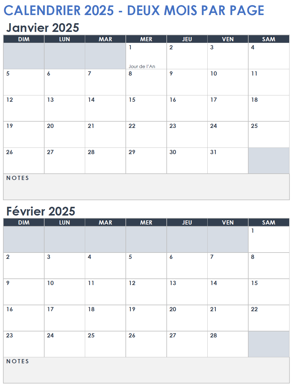 Calendrier 2025 de deux mois par page