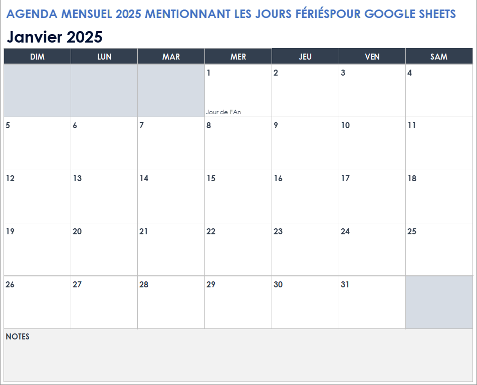 Calendrier 2025 avec jours fériés pour Google Sheets