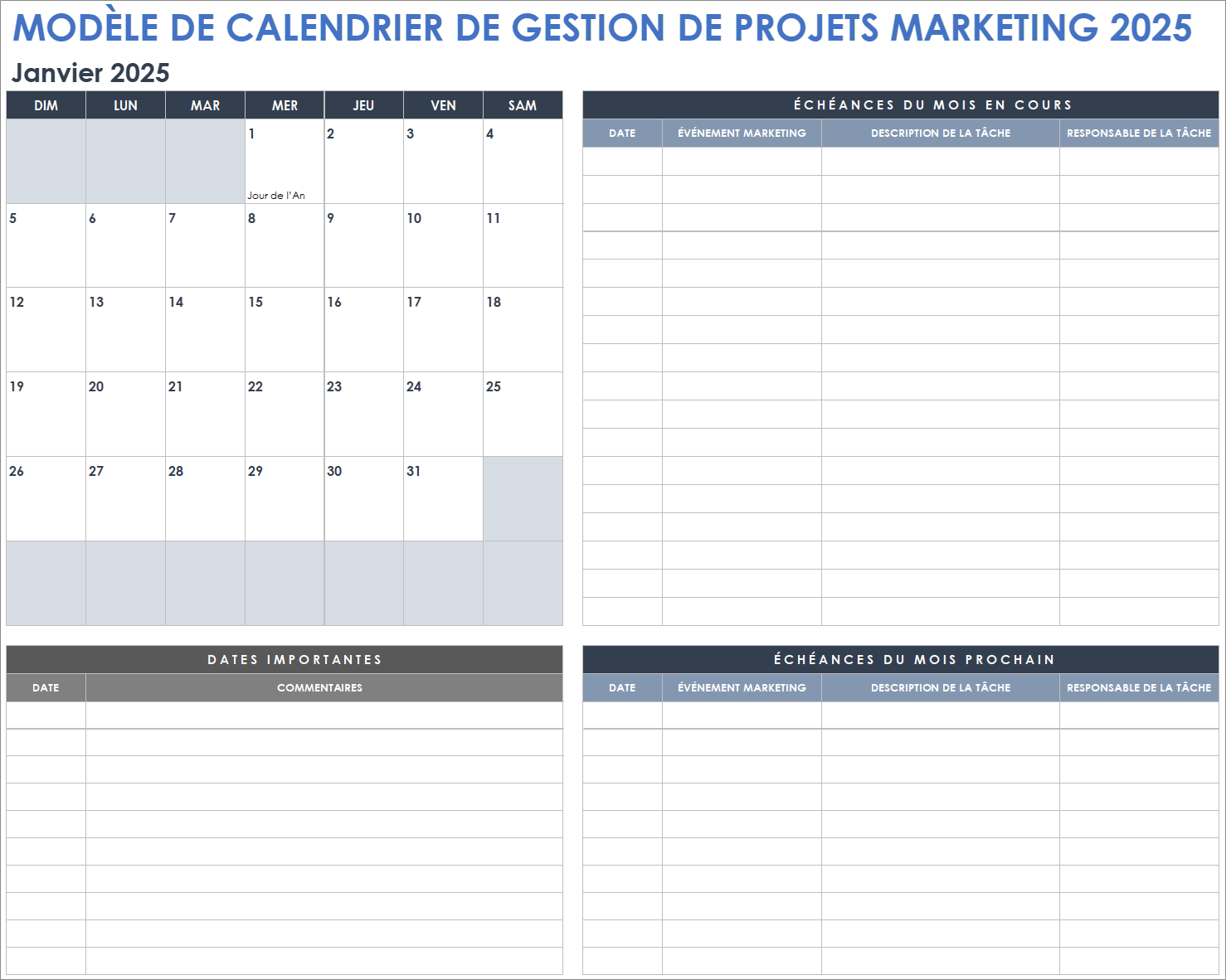 Modèle de calendrier de gestion de projet marketing 2025