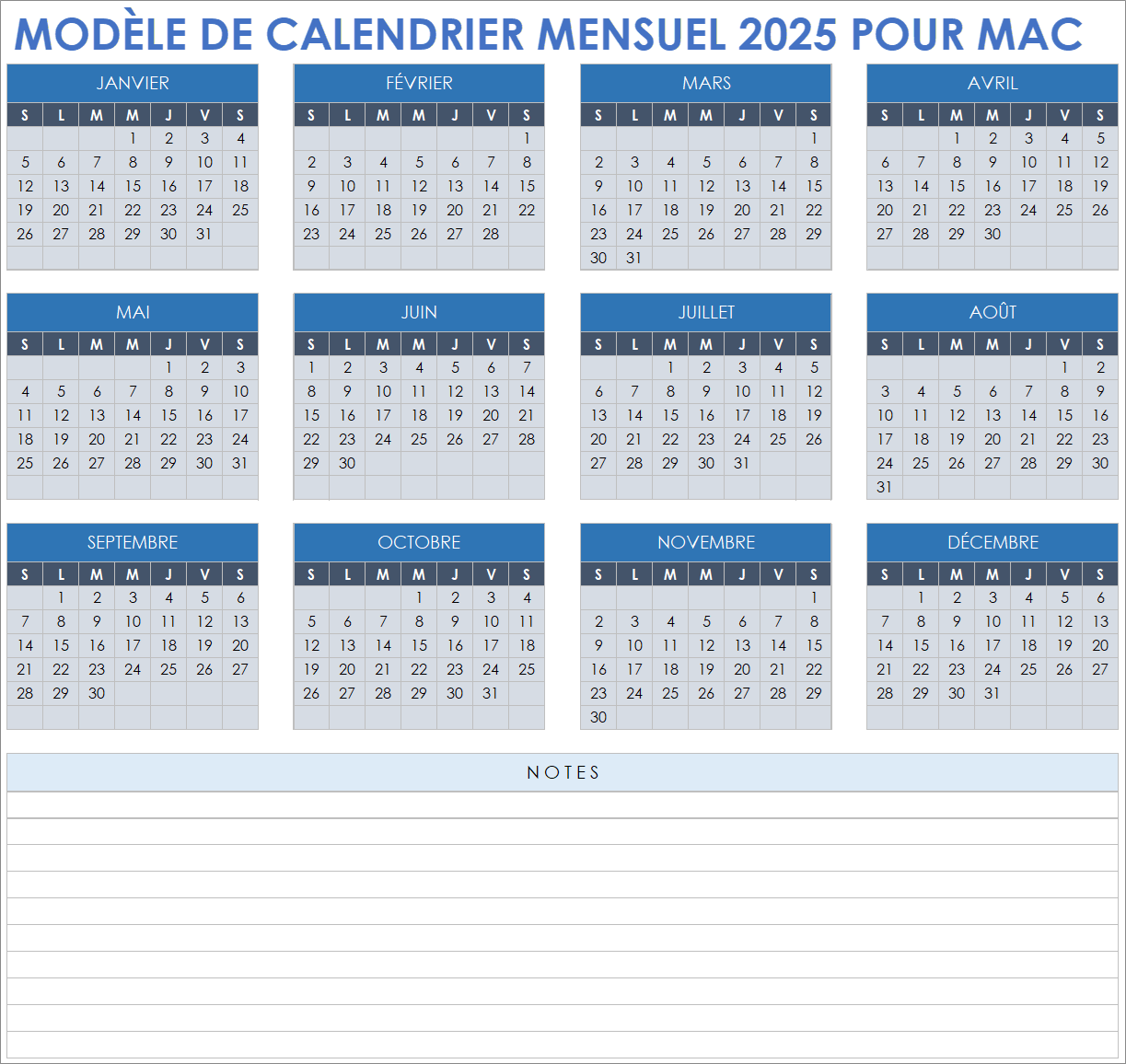 Modèle de calendrier mensuel 2025 pour Mac