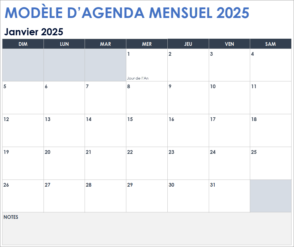 Modèle de calendrier mensuel 2025