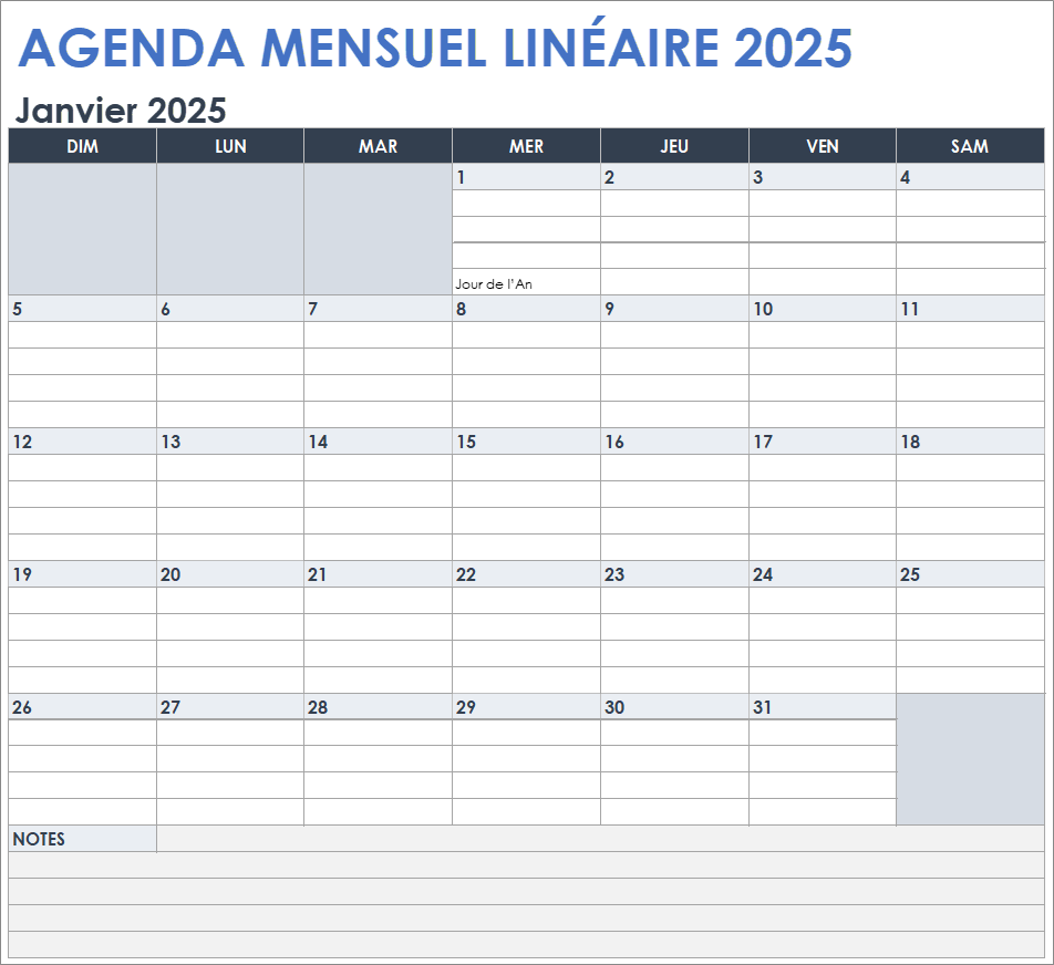 Calendrier mensuel ligné 2025