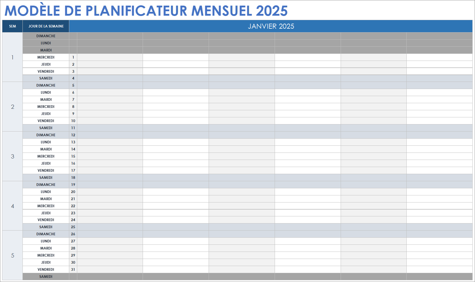 Modèle de planificateur mensuel 2025 pour Google Sheets