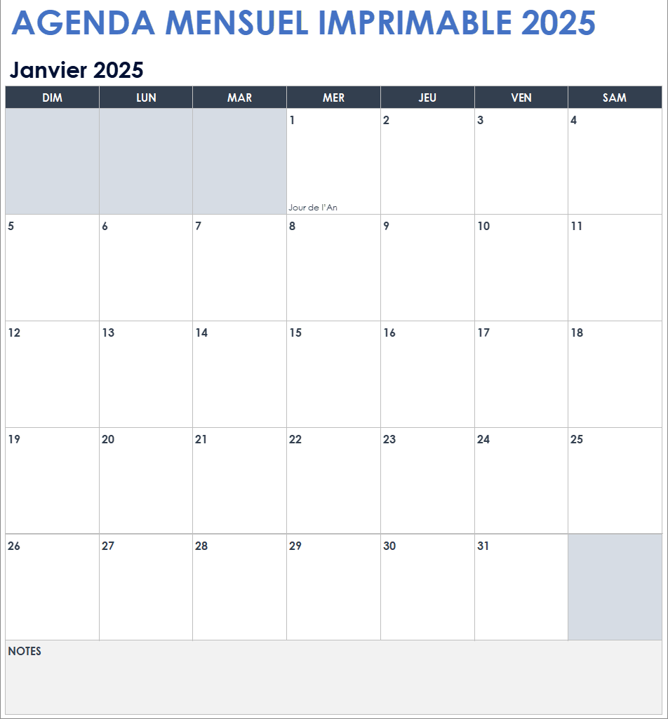 Calendrier mensuel imprimable 2025