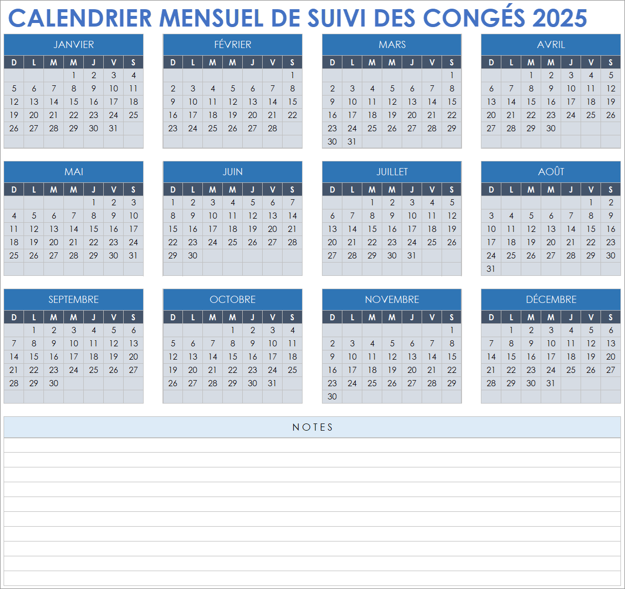 Calendrier mensuel de suivi des vacances 2025