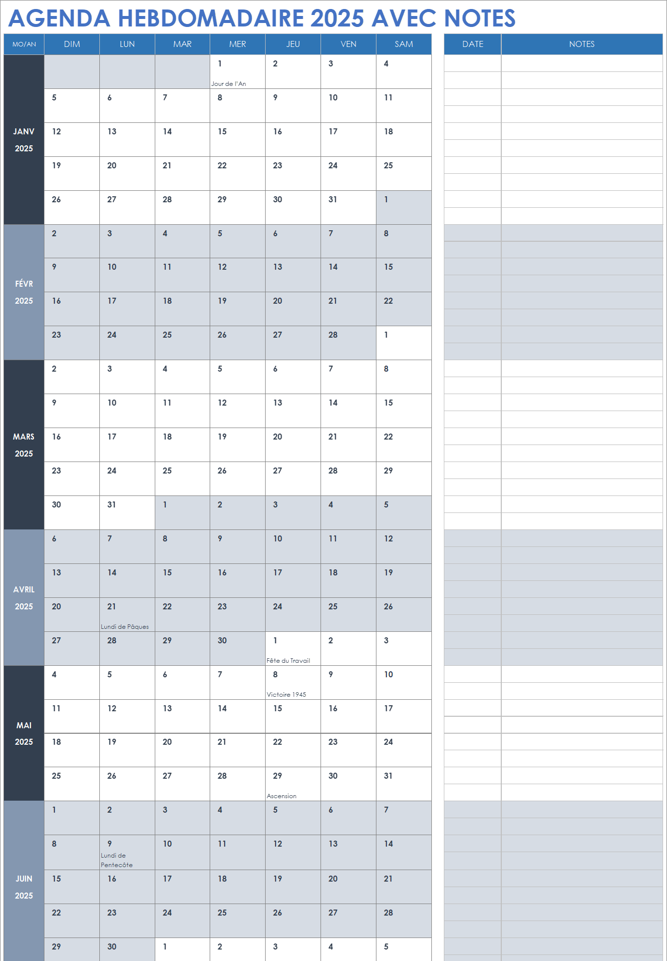 Calendrier hebdomadaire 2025 avec notes