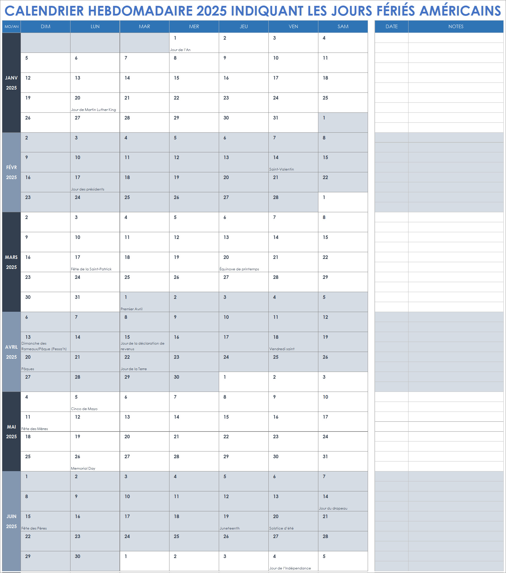 Calendrier hebdomadaire 2025 indiquant les jours fériés américains