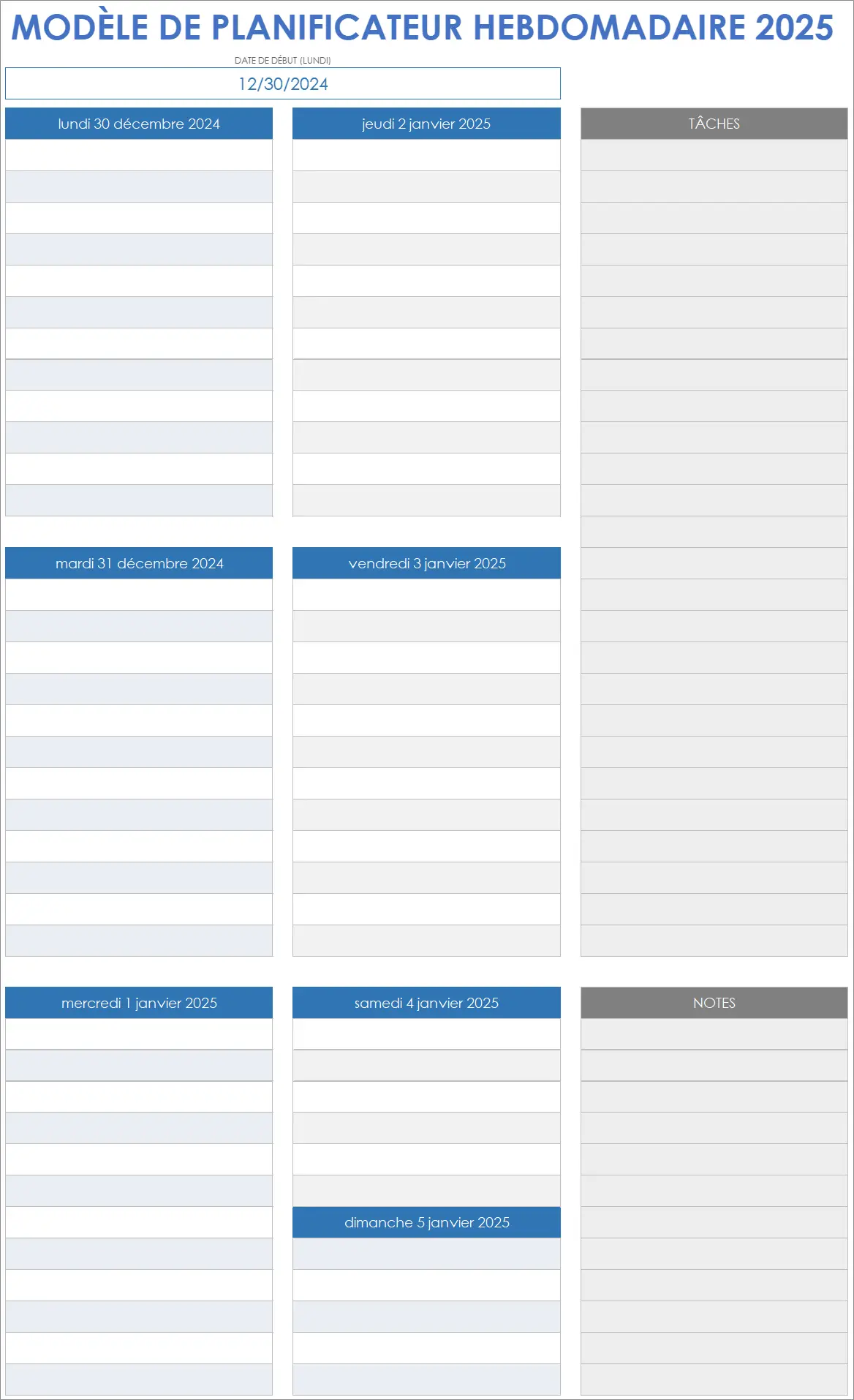 Modèle de planificateur de projet hebdomadaire 2025 avec notes