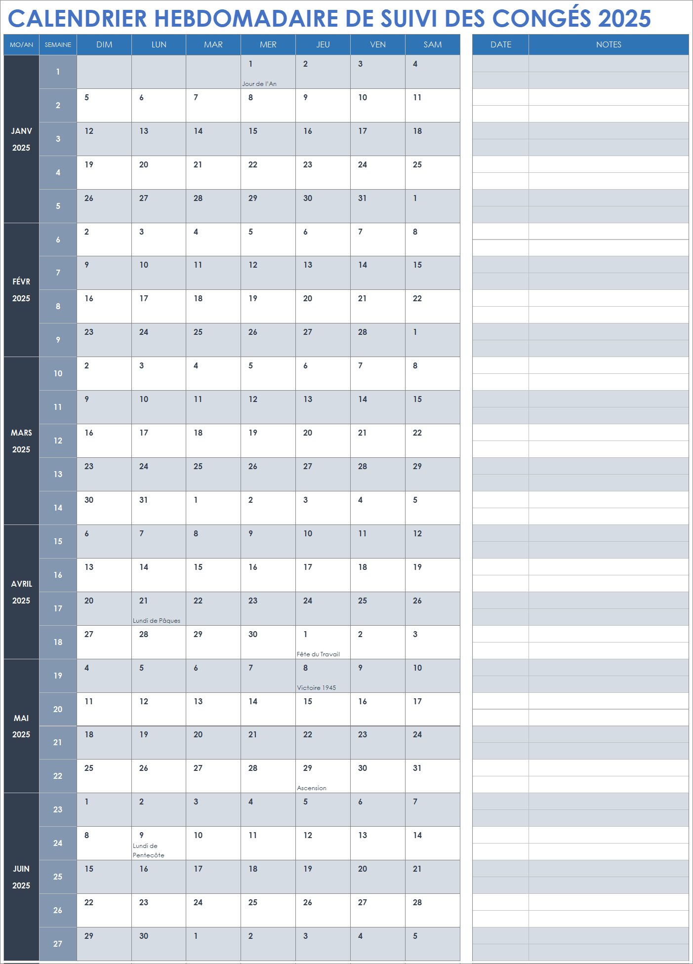 Calendrier hebdomadaire de suivi des congés 2025