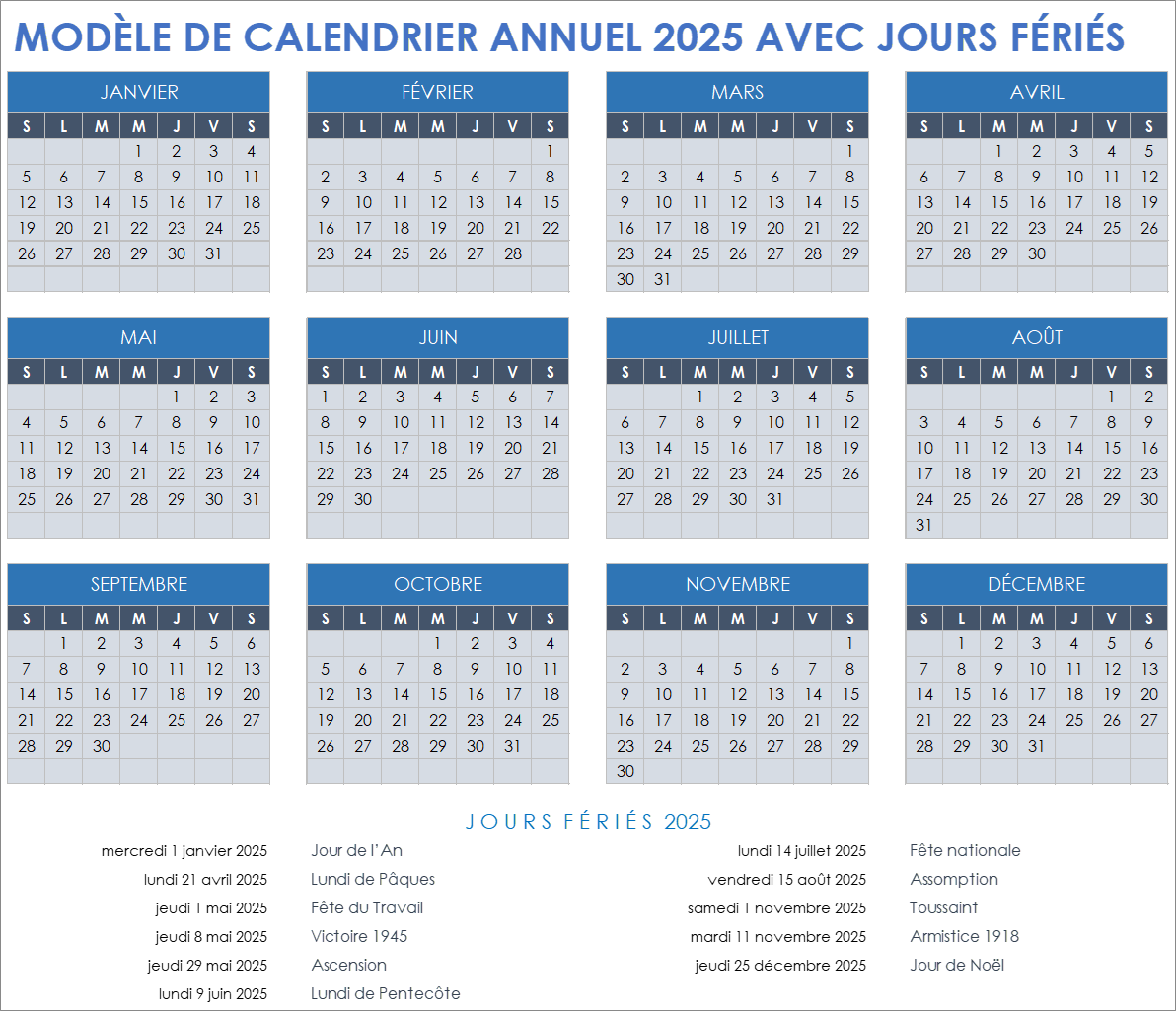 Modèle de calendrier annuel 2025 avec jours fériés