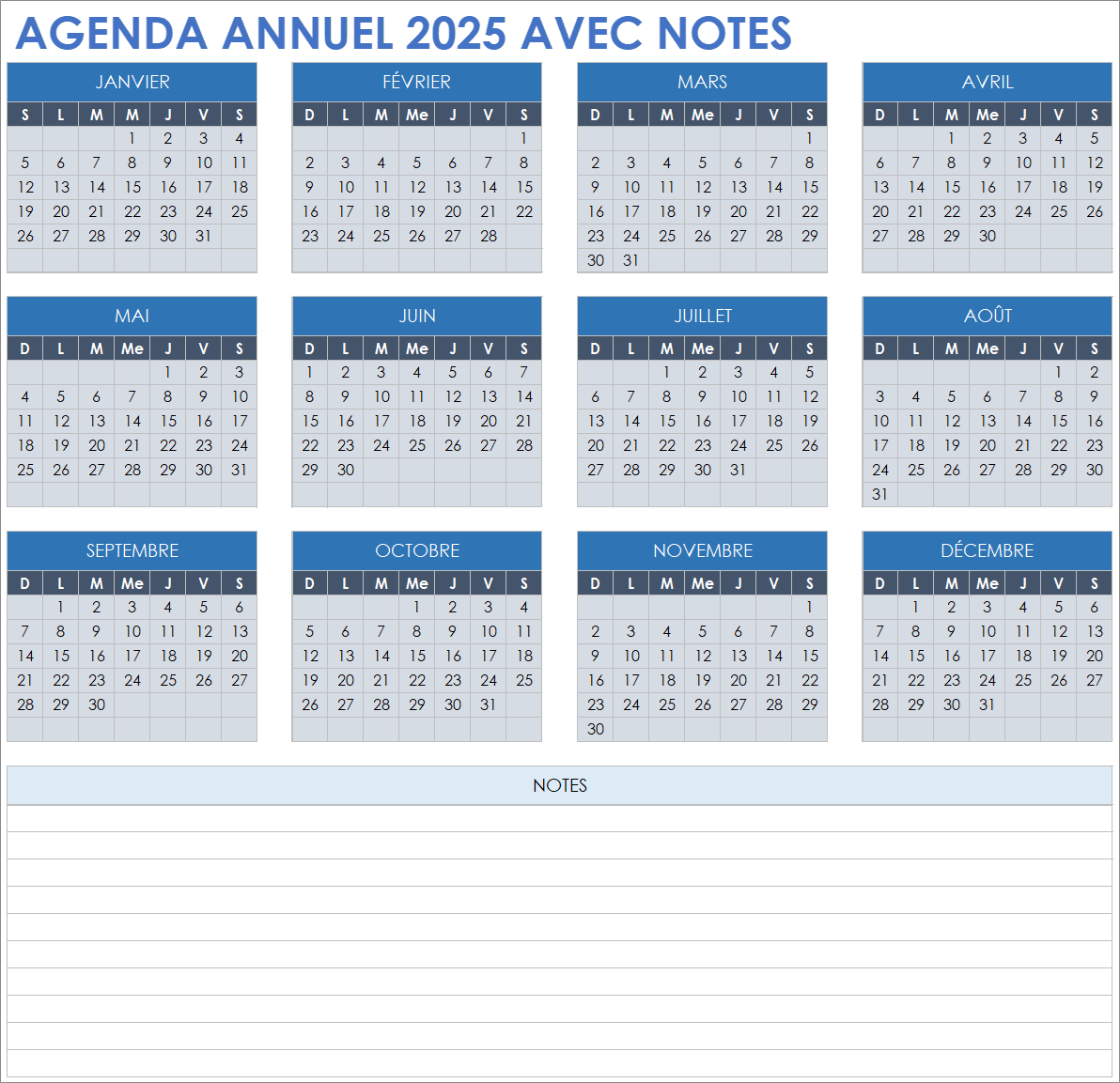 Calendrier annuel 2025 avec notes