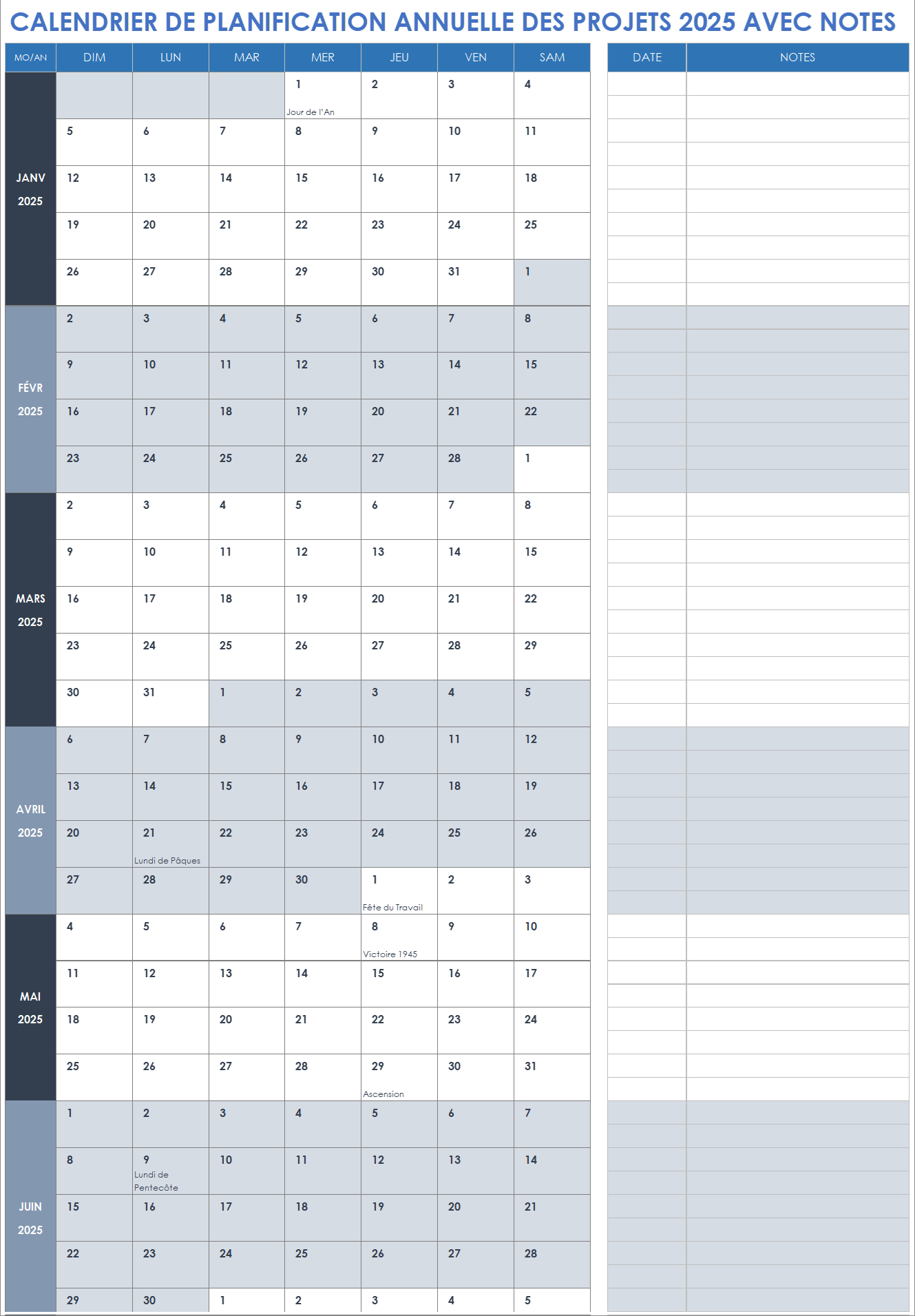 Calendrier de planification annuelle des projets 2025 avec notes