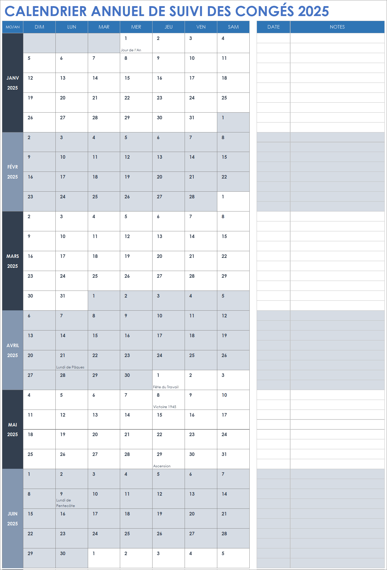 Calendrier annuel de suivi des congés 2025