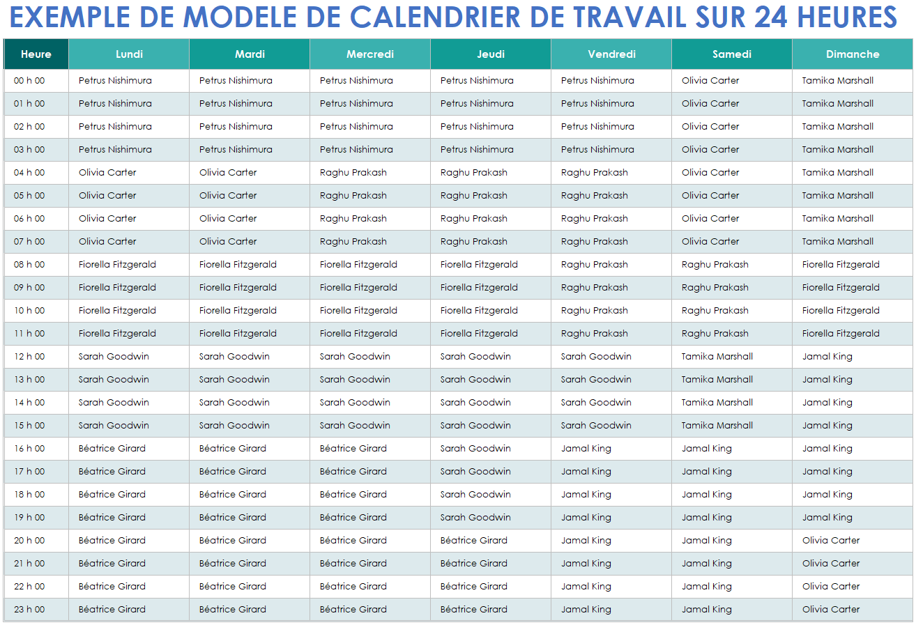 Exemple de modèle de calendrier de travail sur 24 heures