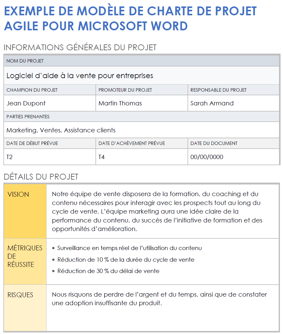 Exemple de modèle de charte de projet Agile pour Microsoft Word