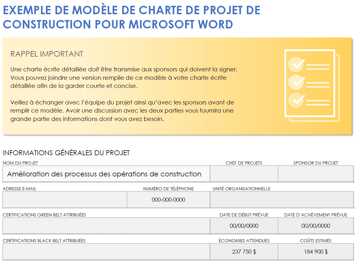 Modèle de charte de projet de construction pour Microsoft Word