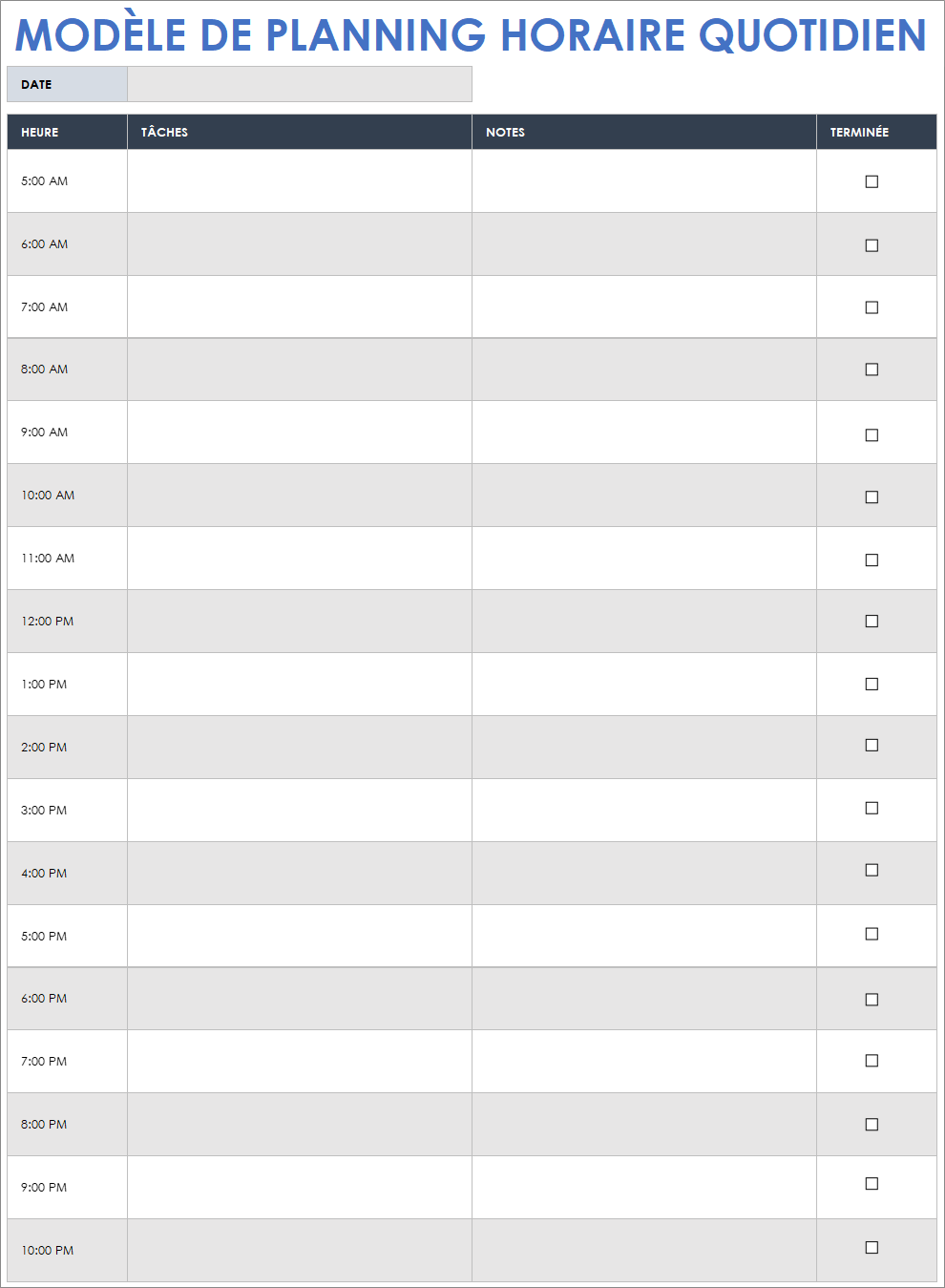 Modèle de planning horaire quotidien