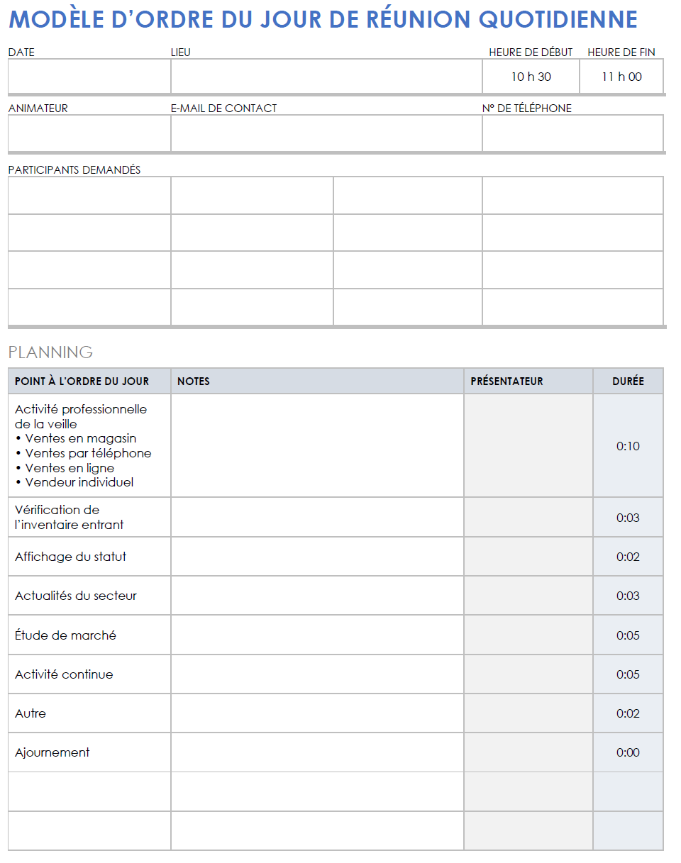 Modèle d’ordre du jour de réunion quotidienne