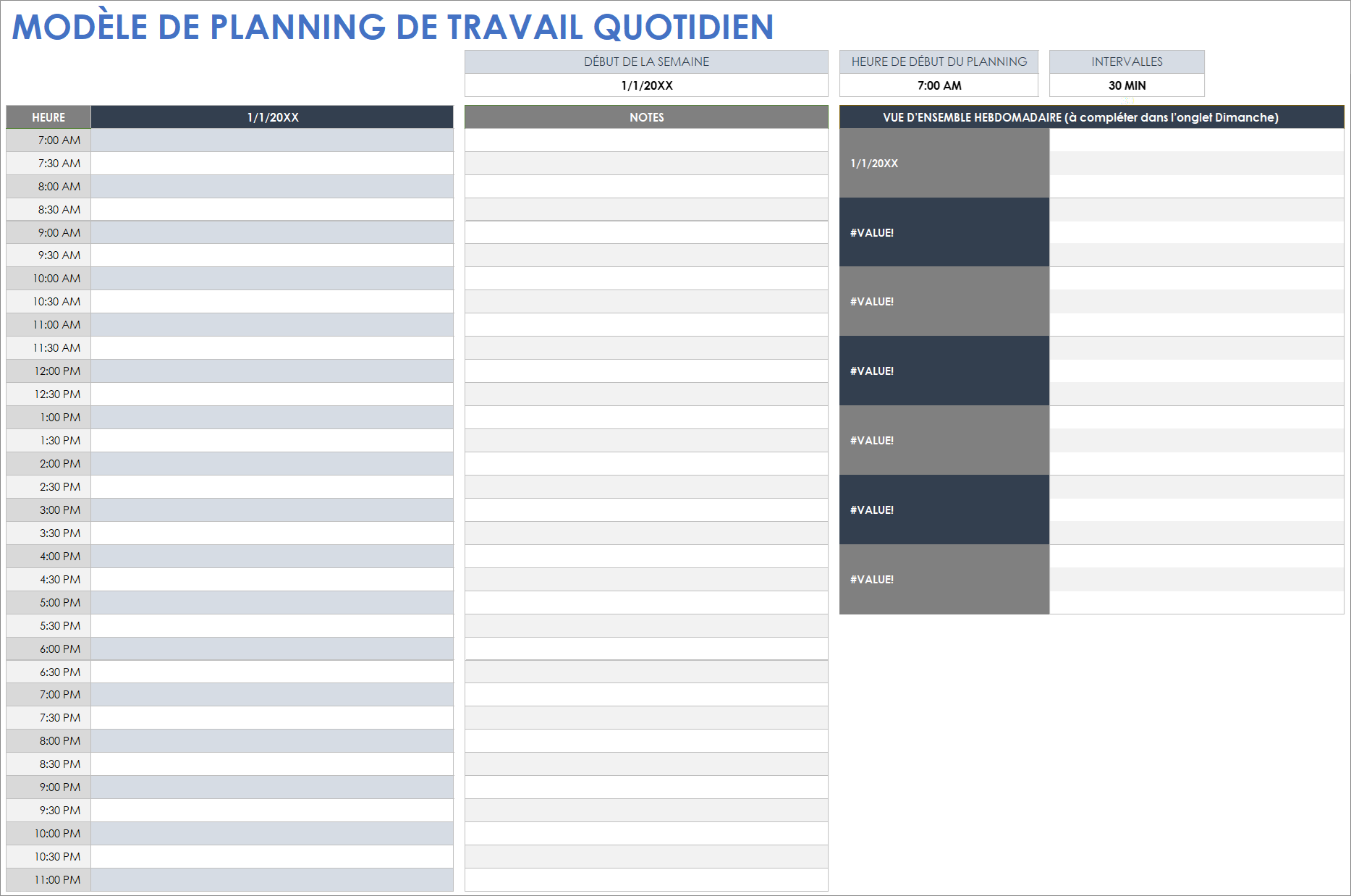 Modèle de planning de travail quotidien