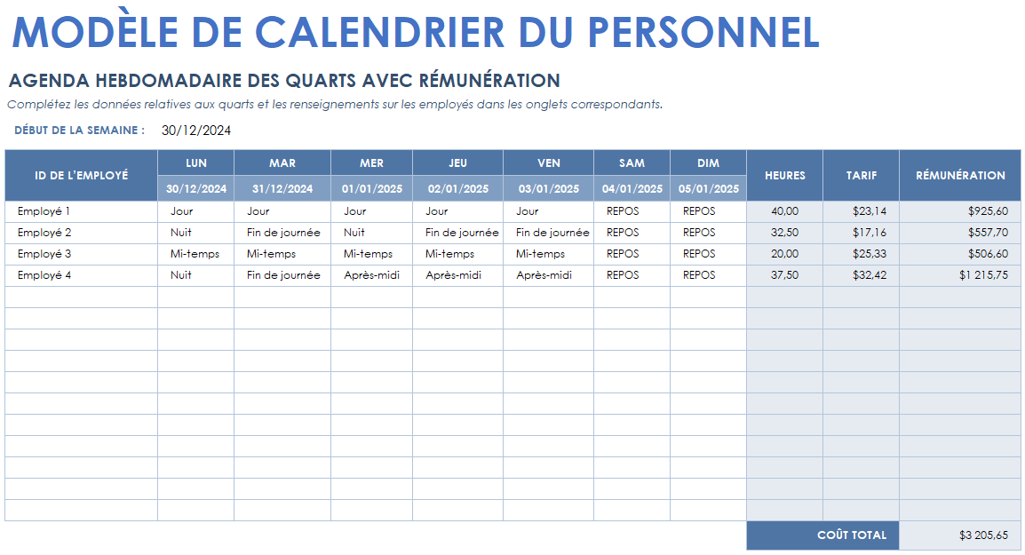 Modèle de calendrier du personnel