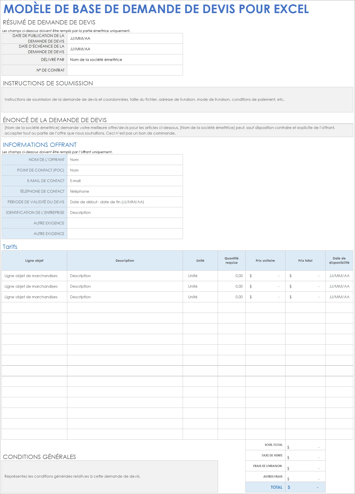 Modèle de base de demande de devis pour Excel