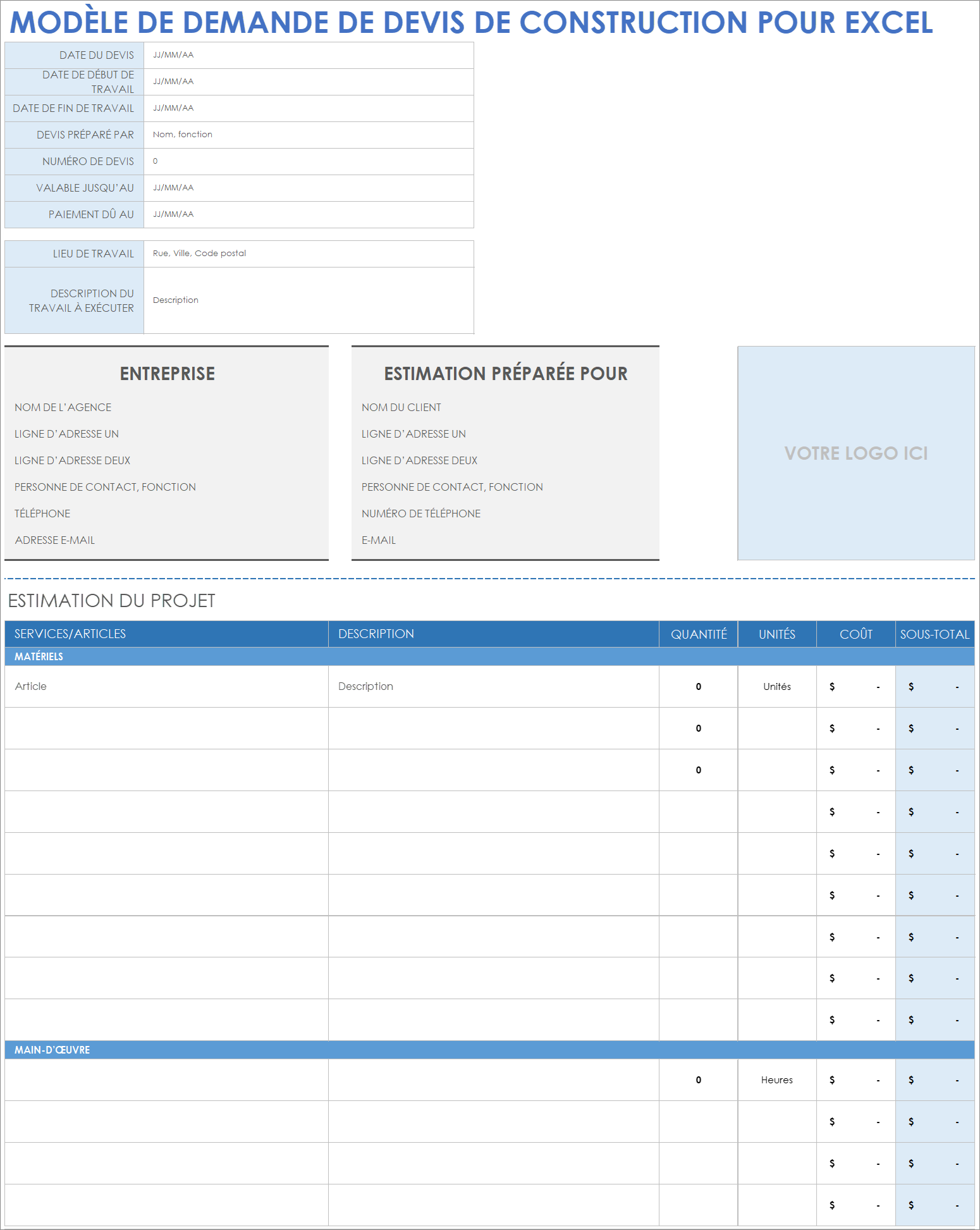 Modèle de demande de devis de construction pour Excel