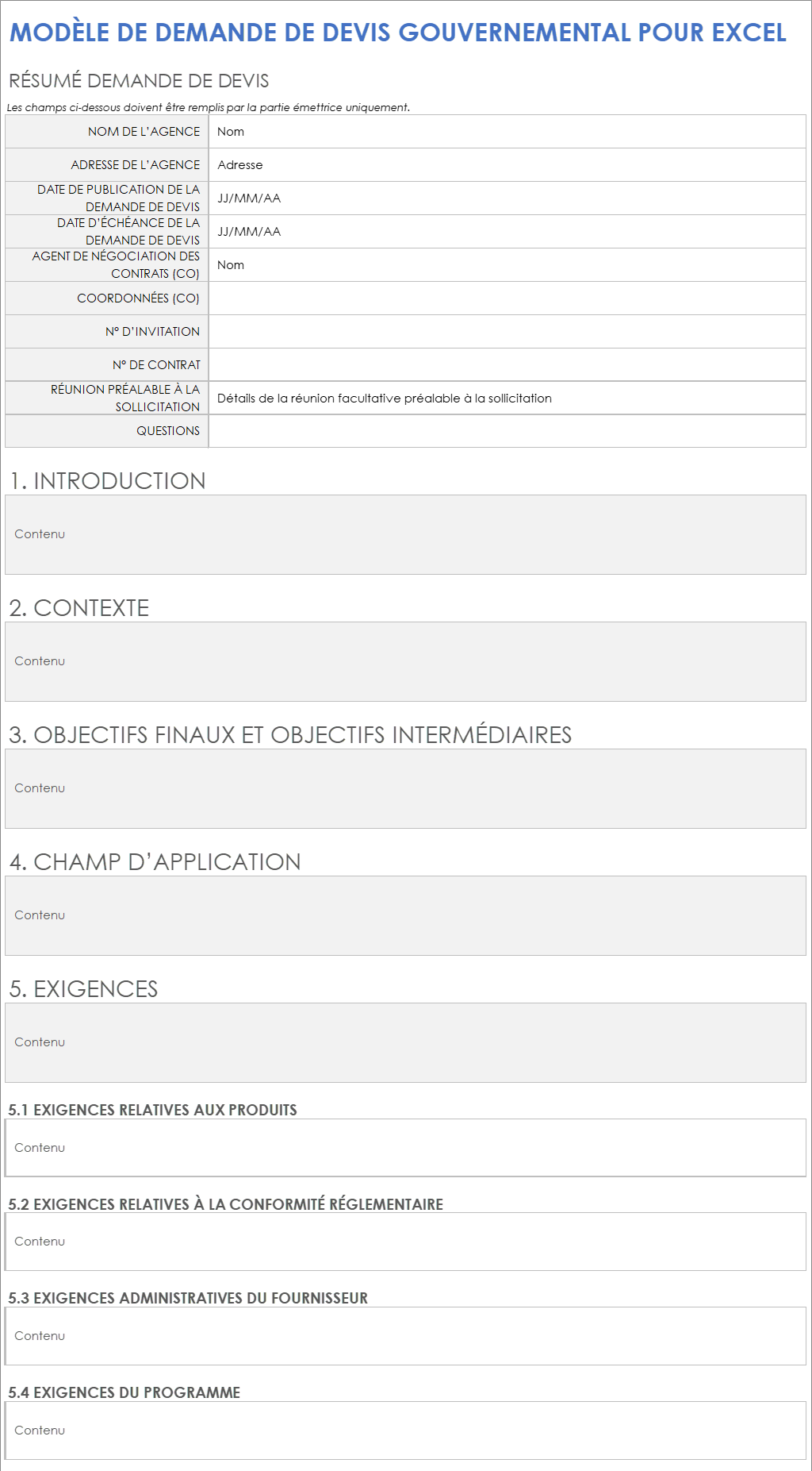 Modèle de demande de devis gouvernemental pour Excel