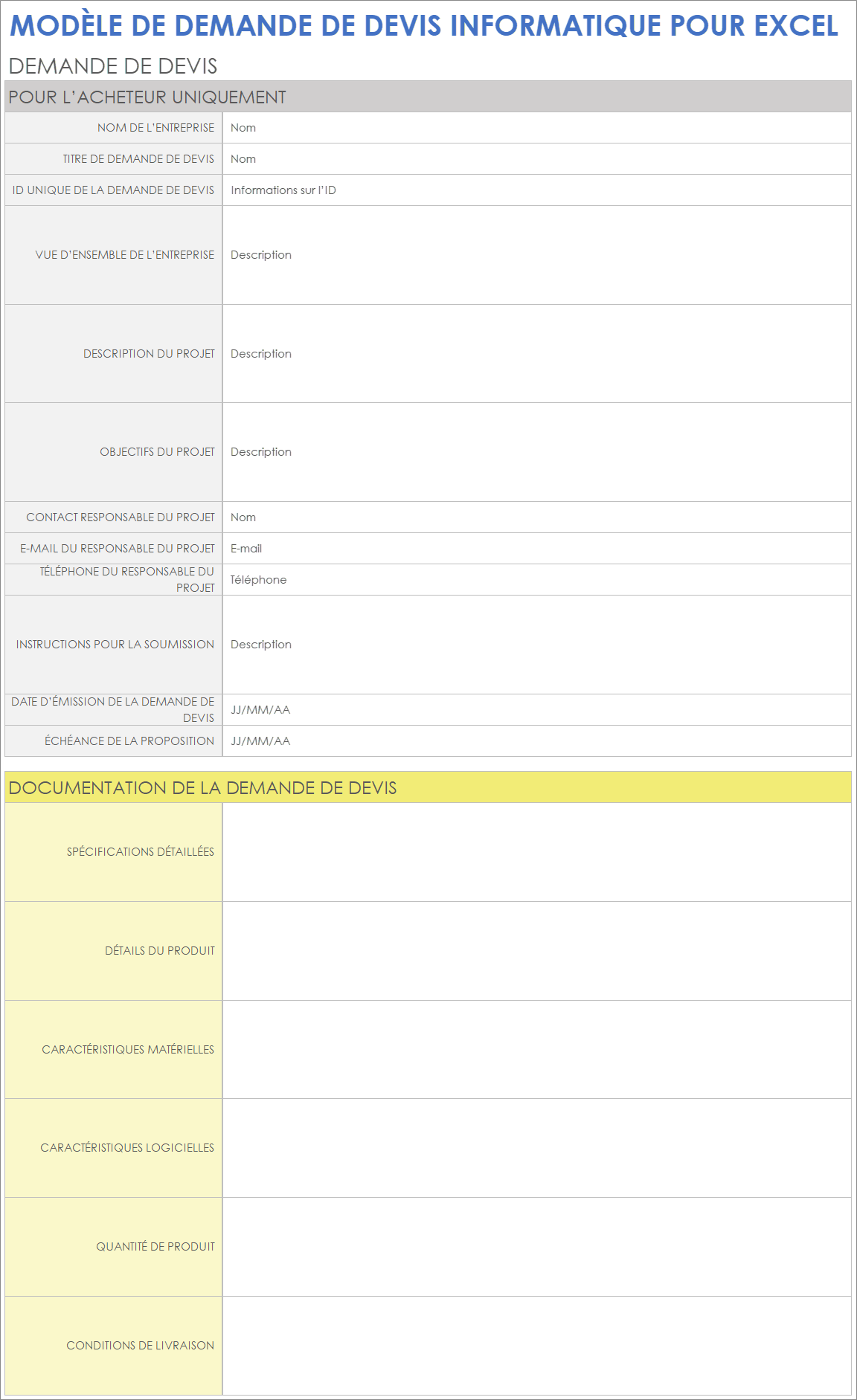 Modèle de demande de devis informatique pour Excel