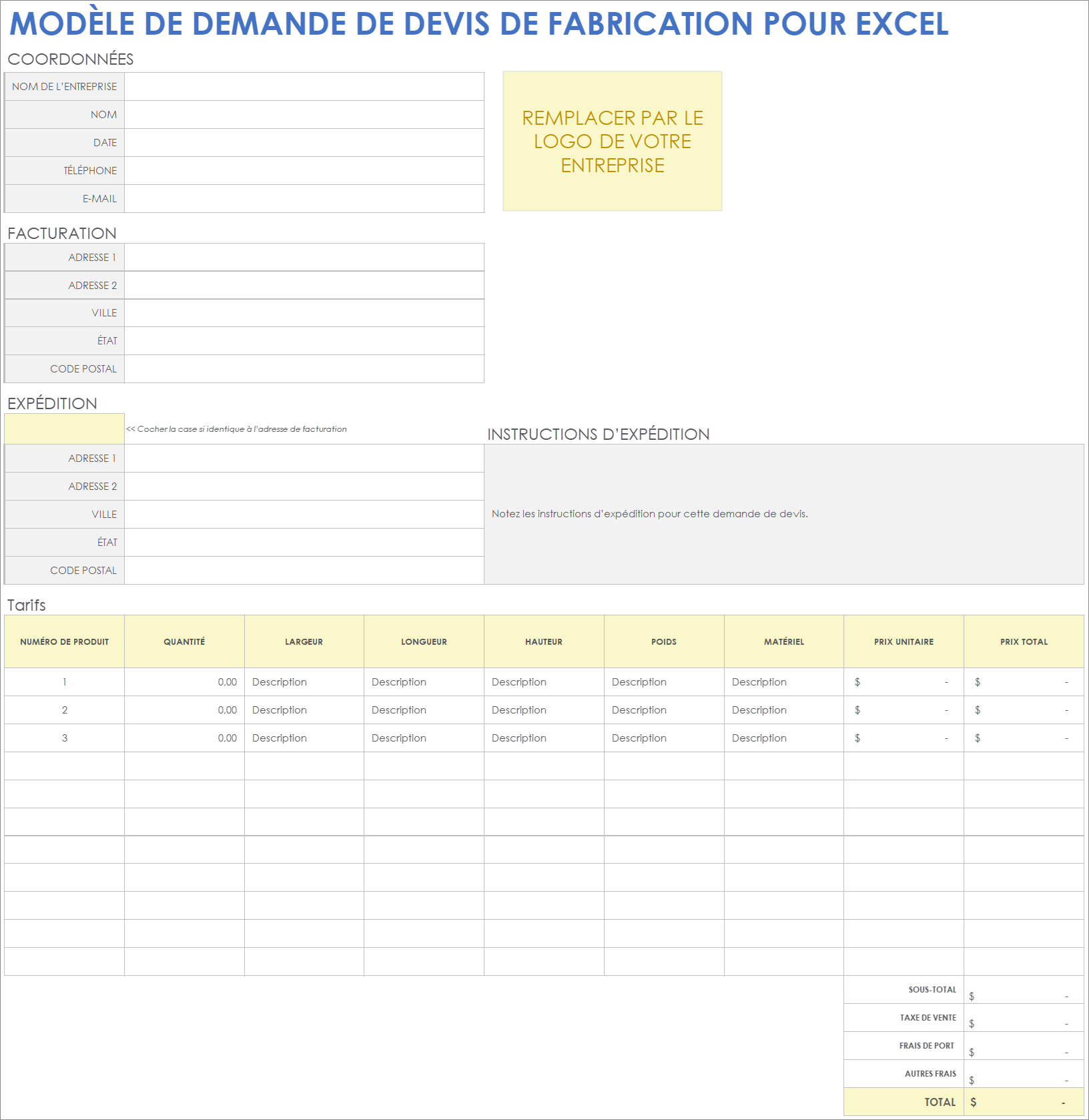 Modèle de demande de devis de fabrication pour Excel