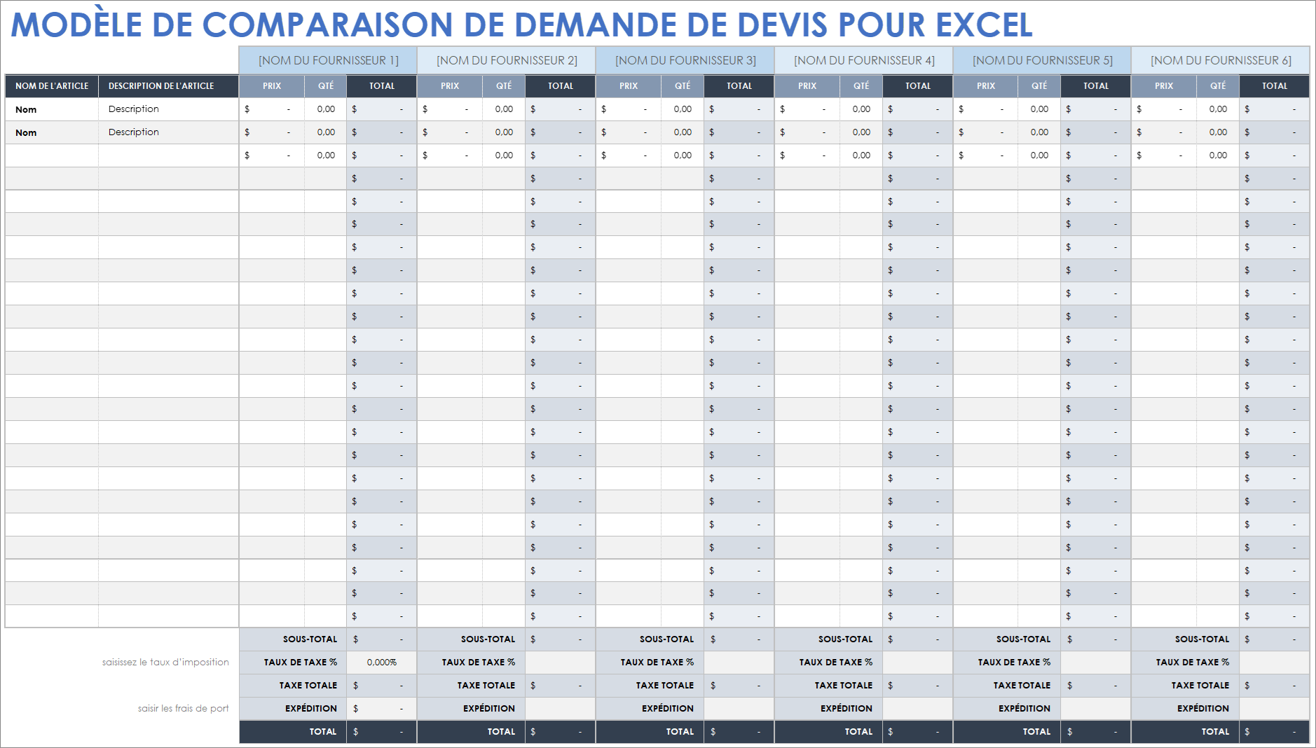 Modèle de comparaison de demande de devis pour Excel