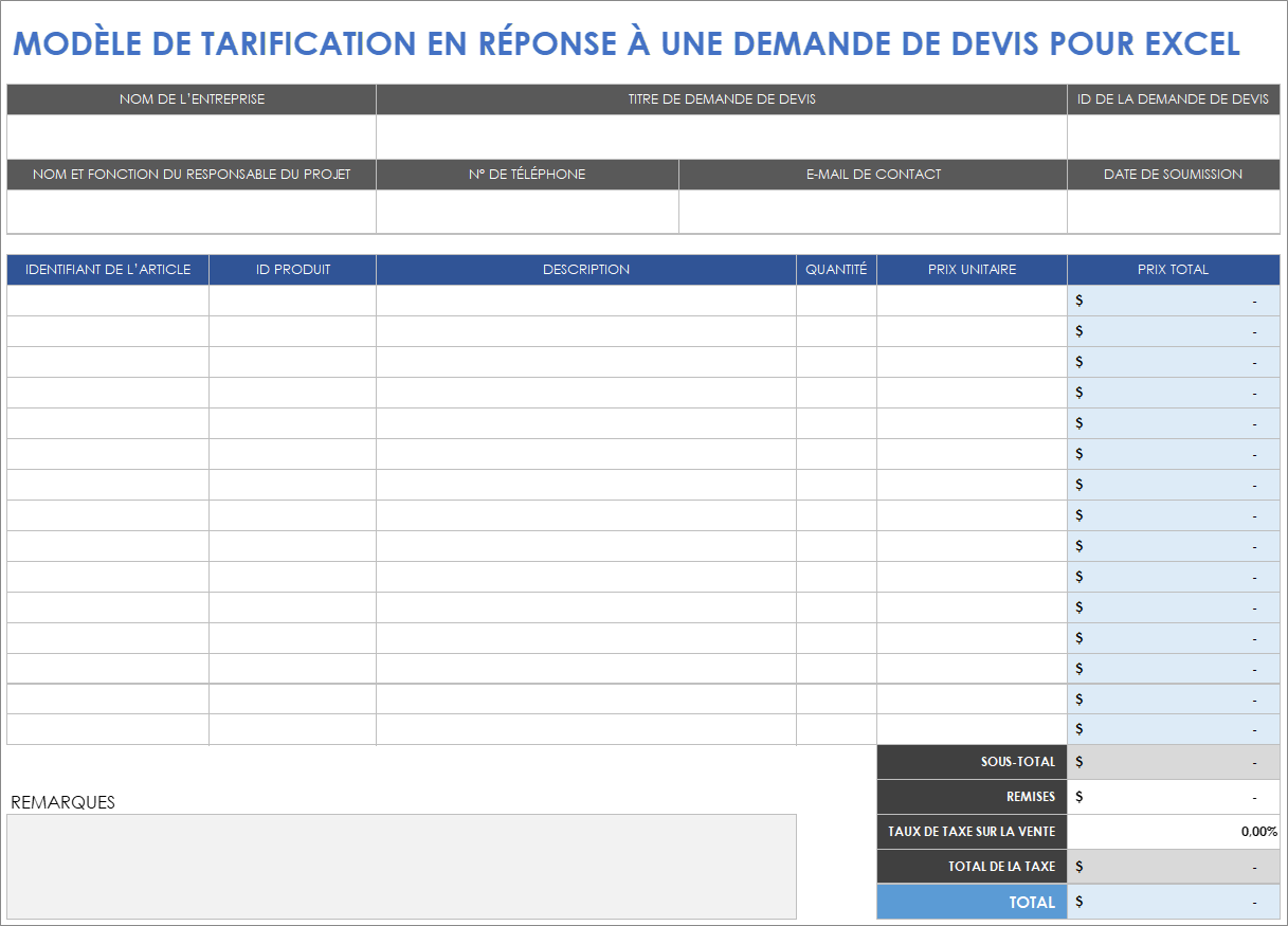 Modèle de tarification en réponse à une demande de devis pour Excel