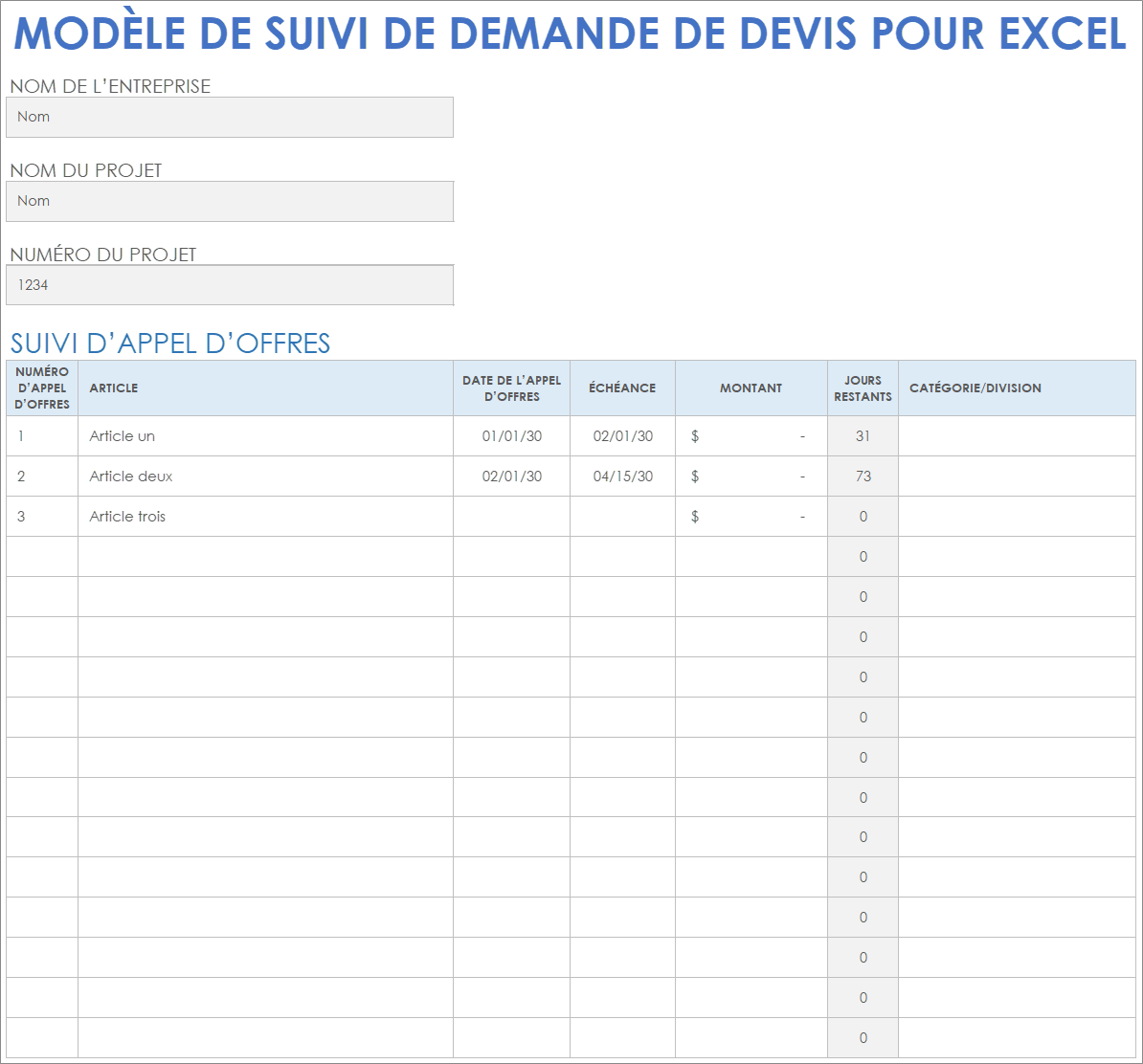 Modèle de suivi de demande de devis pour Excel