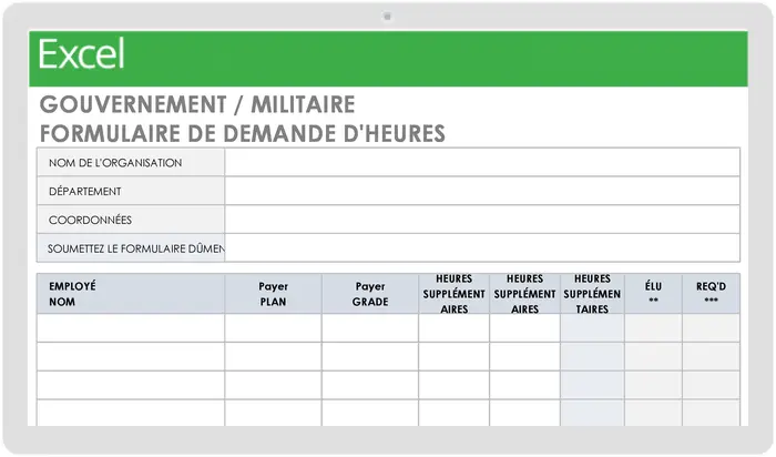 Modèle de formulaire de demande d’heures supplémentaires pour fonctionnaires/militaires