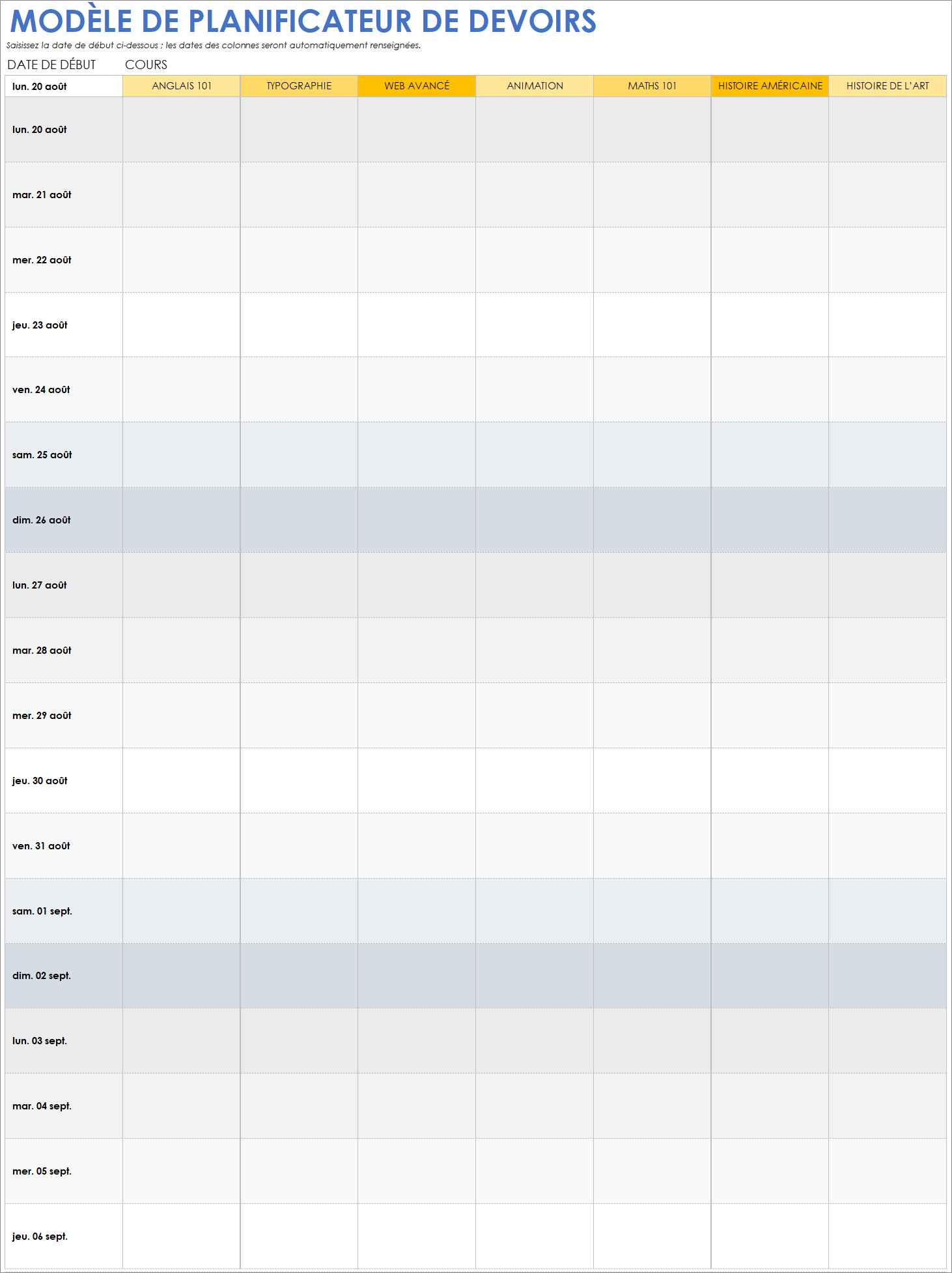 Modèle de planning de devoirs